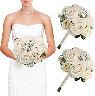 Wedding Bridesmaid Bouquets Set of 2, Artificial Silk Flowers Arrangement for Ceremony Marriage Proposal Party Anniversary Decorations - Champagne