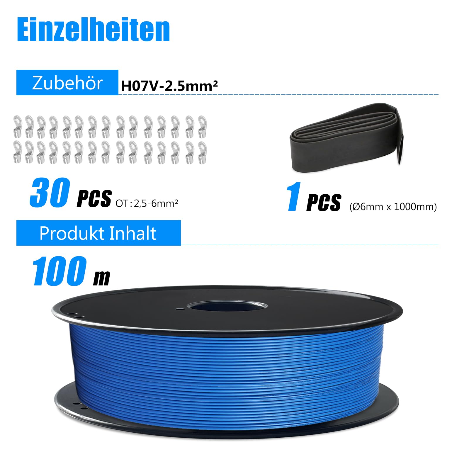 H07V-K 2,5mm² Fil Souple Bleu, 100m | Fil cuivre souple isolé PVC avec accessoires pour tableau, atelier et installation intérieure