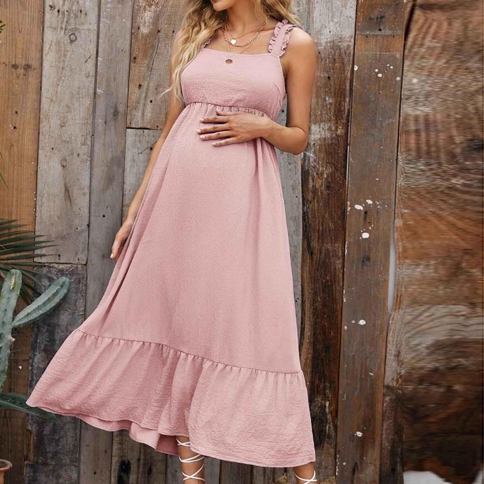 Vestido de Maternidad Mujeres sin Manga Casual Embarazadas Ropa Fruncida para Embarazadas Volante Color sólido Verano Vestido Largo premamá