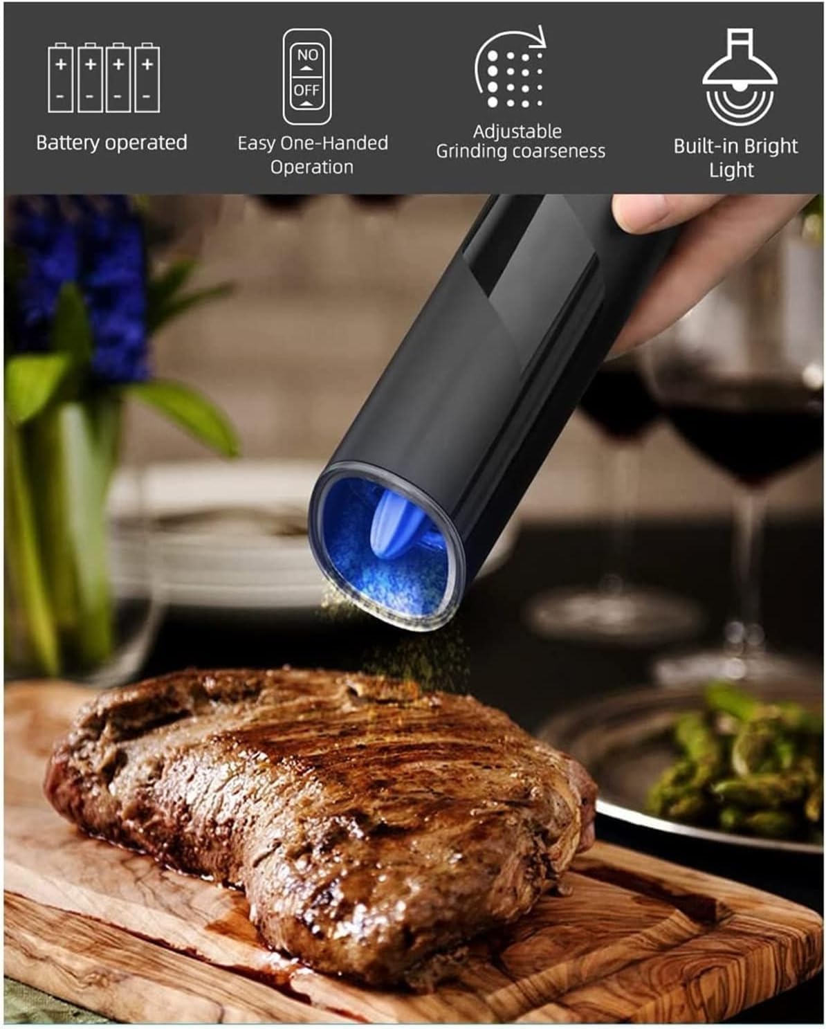 Gravity Electric Pepper Grinder or Salt Grinder Mill- Battery Operated Automatic Pepper Mill with Light, One Handed Operation, Adjustable Coarseness