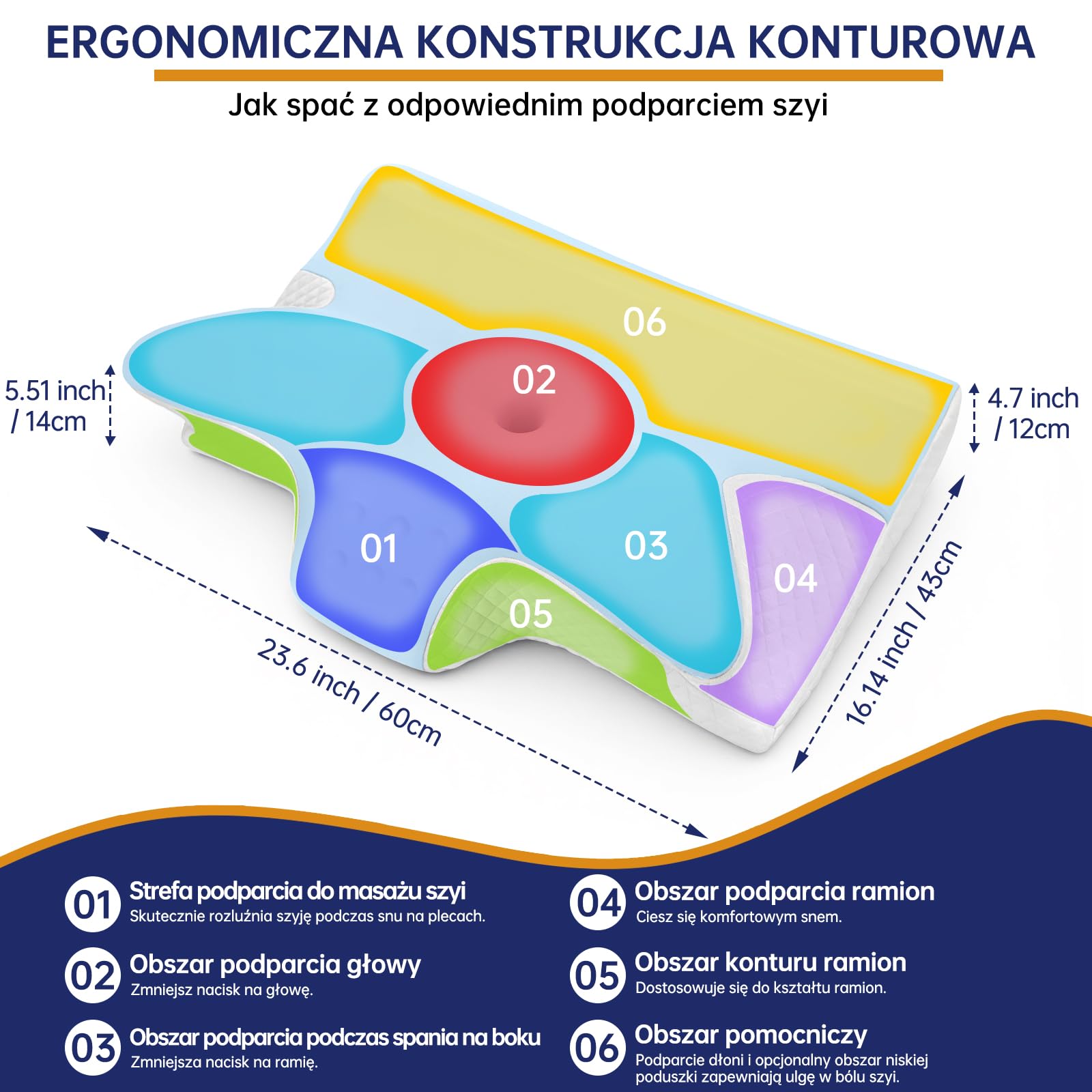Ergonomiczna Poduszka Pod Kark 2 w 1, Poduszka z Pianki Plecach i Brzuchu, Poduszka Ortopedyczna do Spania Dla Osób Śpiących na Plecach, na Boku i na Brzuchu - 60x43x14/12cm Jasnoszary