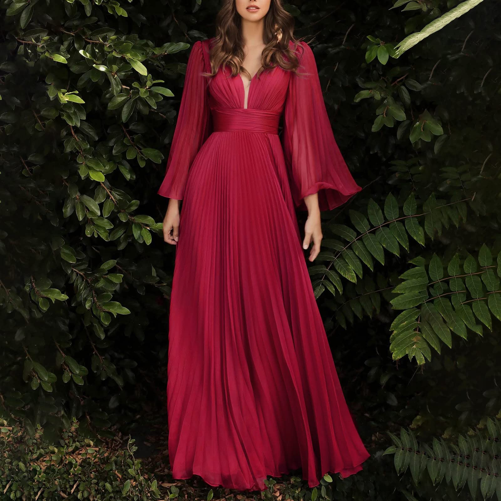 Brautkleider Hochzeitskleider Langarm Tiefer V-Ausschnitt Ballkleider Damen Lang Tüll Abendkleider Elegant Maxikleid Cocktailkleid High Waist Swing Kleider Partykleid A Linie Tunika Kleid