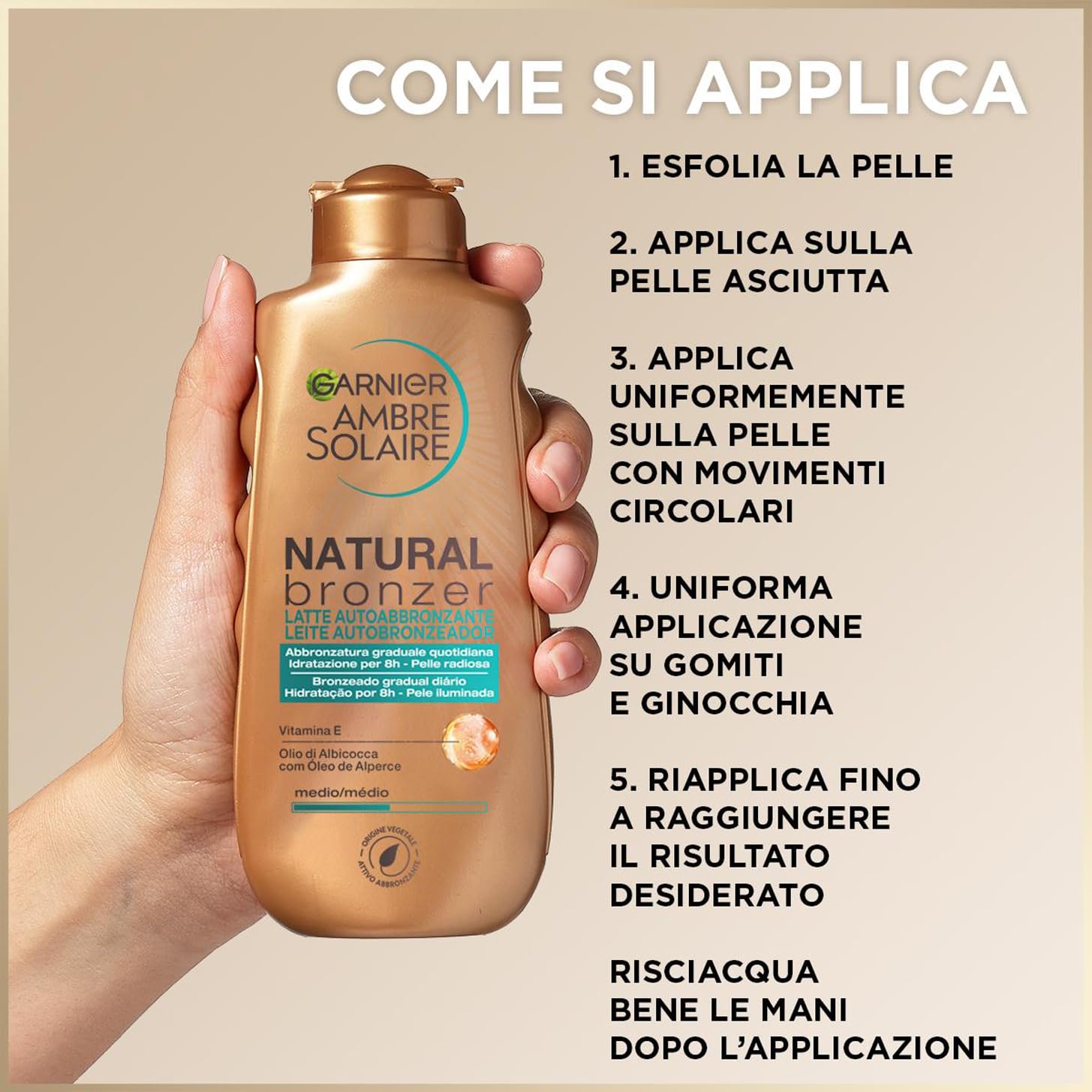 Garnier Latte Autoabbronzante Natural Bronzer, Per un'Abbronzatura Uniforme e Naturale, A Rapido Assorbimento, Azione Idratante e Levigante, Con Olio di Albicocca e Vitamina E, Ambre Solaire