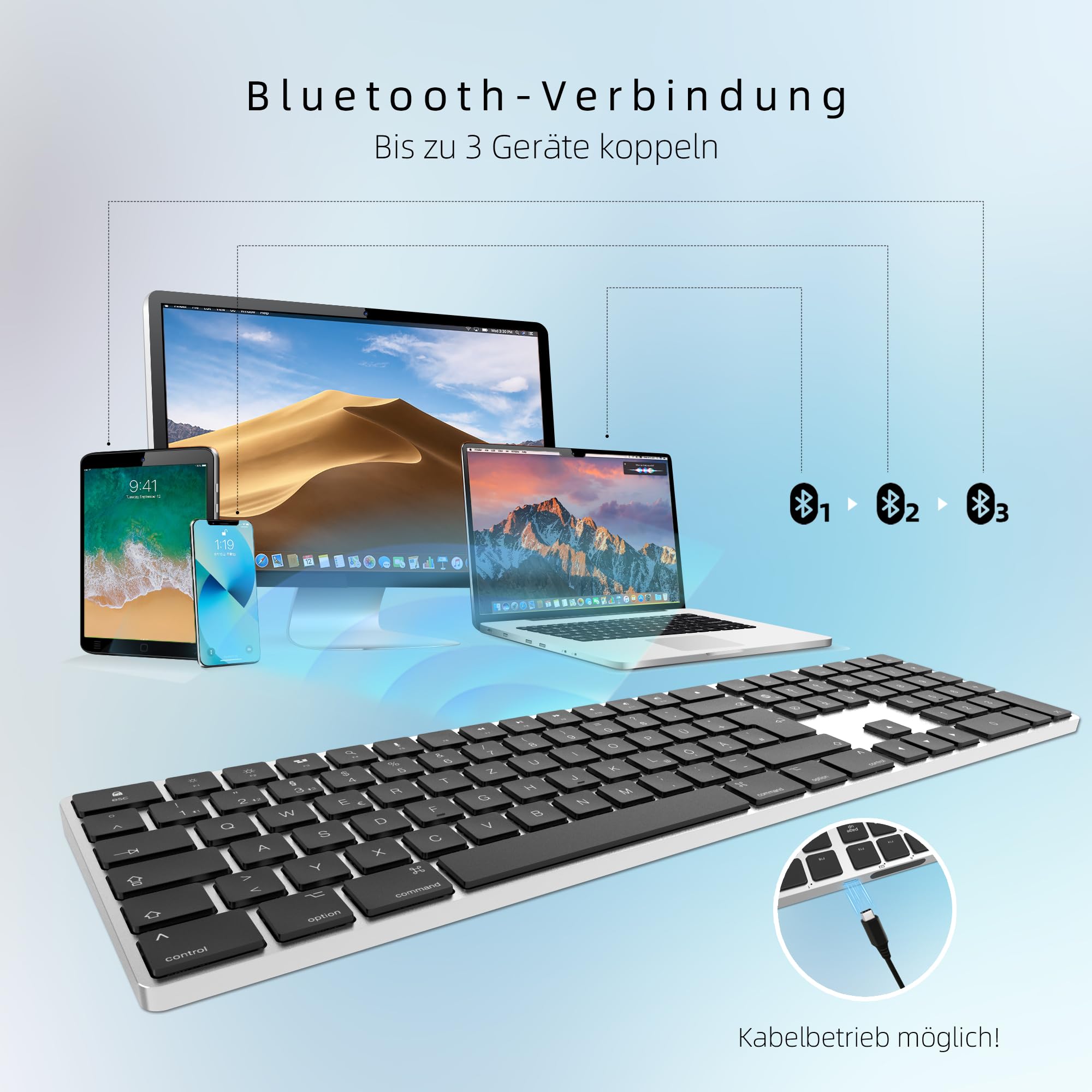 Bluetooth Aluminium Wireless Tastatur für Mac, Low-Profile und leise Tasten für Multi-Device Kompatibel mit Apple iMac, MacBook, Mac und iPad, wiederaufladbarer Akku, Silber Schwarz - KB-K2-SV-DE