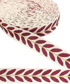 MSCFTFB 20 Yards Leaf Ribbon for Gift Wrapping, 1 inch Ribbon for Flower Bouquet, Fabric Trim Embroidery Jacquard Ribbon for Hair Bow Craft,Christmas,Valentine,Wedding Decoration (Red)