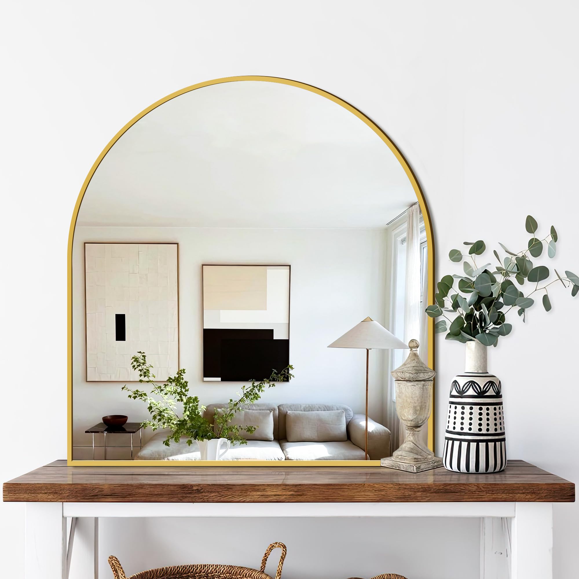 FICTOR Bathroom Vanity Mirror for Wall,32”x30” Arched Metal Framed Bathroom Mirror for Over Sink,Entryway,Living Room,Bedroom(Gold)