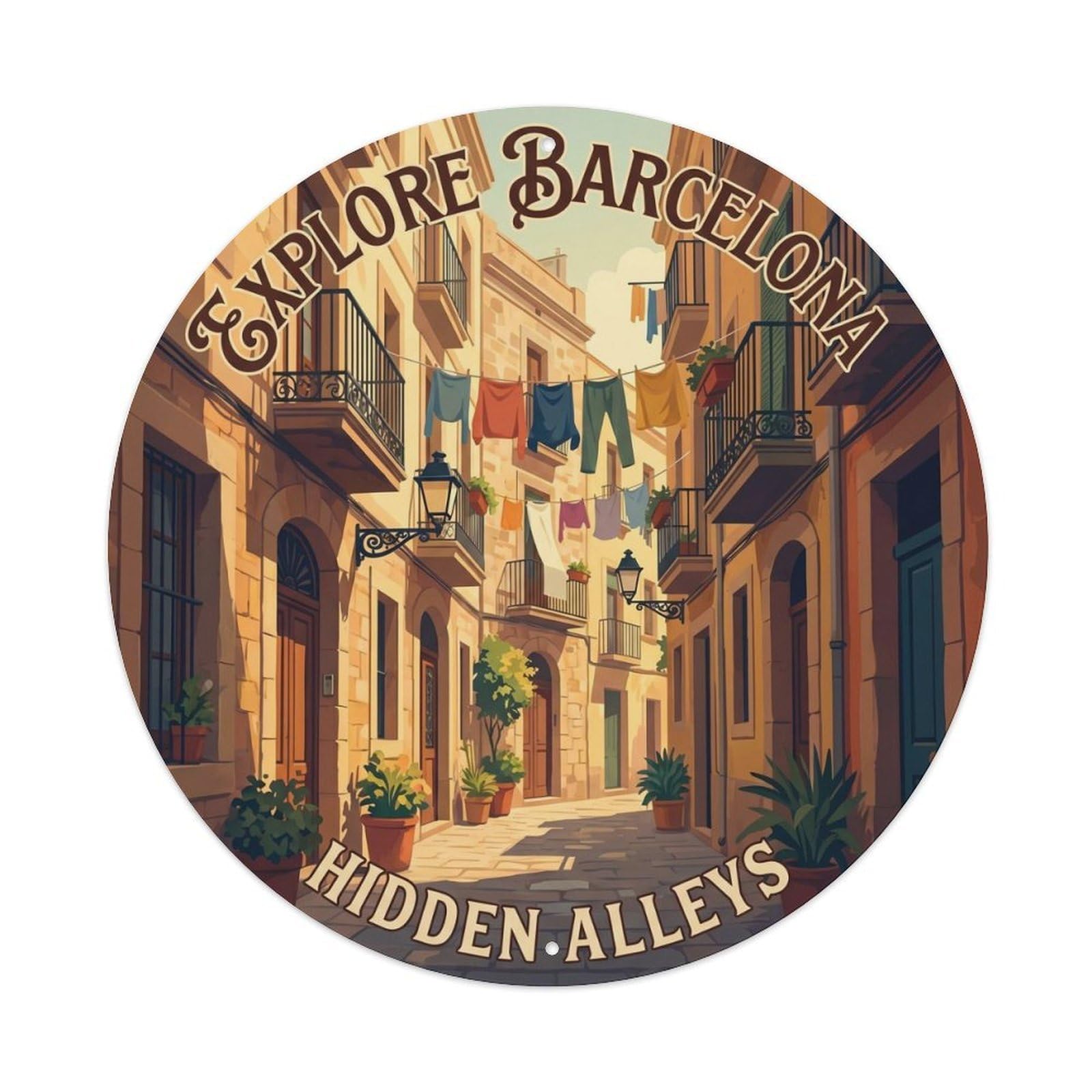 Catalan Barcelona Alley Explore Vintage Architecture Metal Tin Sign Plaque Wall Decor for Cafe, Man Cave, Club Bar, Office, Home Garden Round Metal Poster 8x8Inch