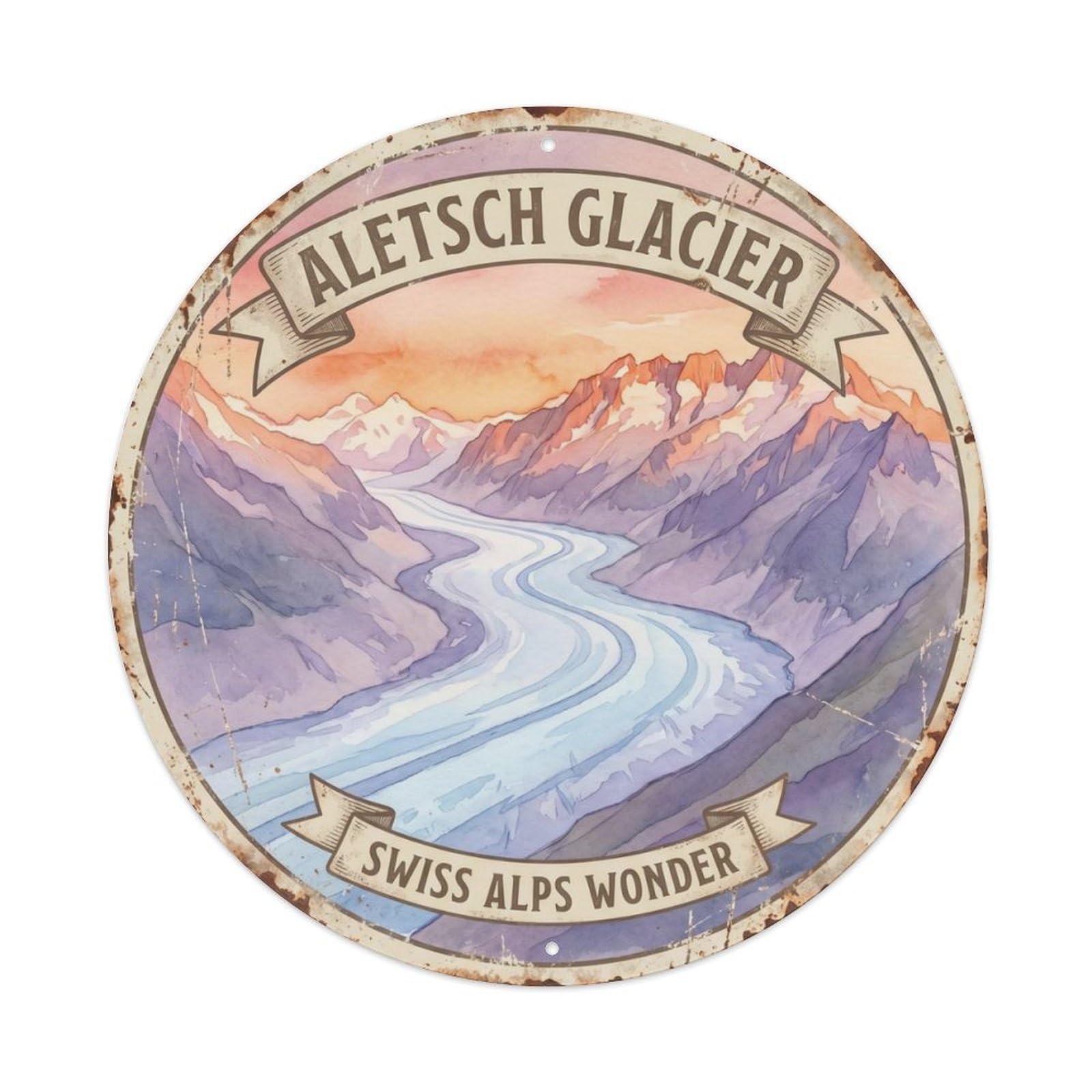 Vintage Travel Aletsch Switzerland Alps Metal Tin Sign Plaque Wall Decor for Cafe, Club Bar, Office, Home Garden Round Metal Poster 8x8Inch