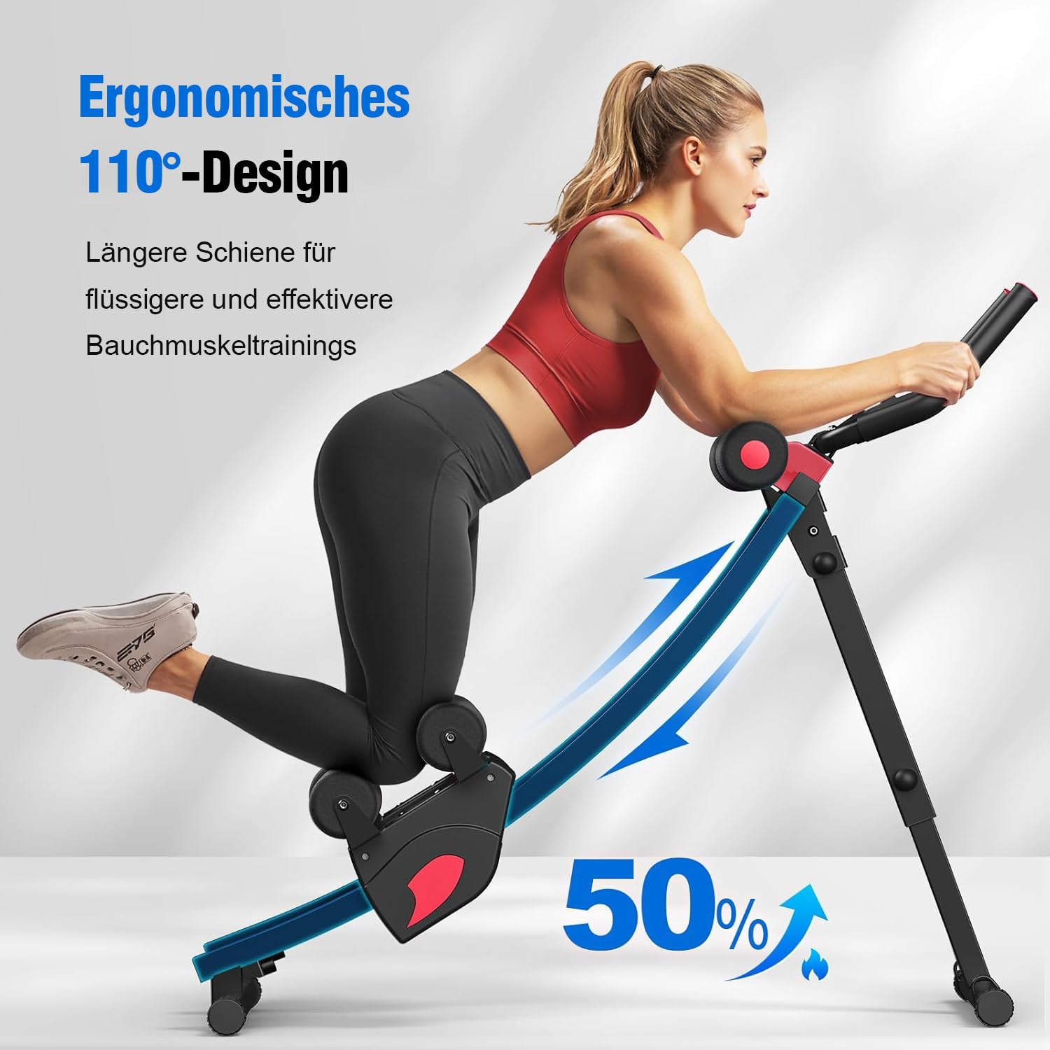 Bauchtrainer für Zuhause, Verstellbarer Bauchmuskeltrainer mit Doppel-Schienensystem, 200 kg belastbar, klappbar, Ganzkörper-Trainingsgerät fürs Home Gym, Widerstandsbänder & LCD-Monitor
