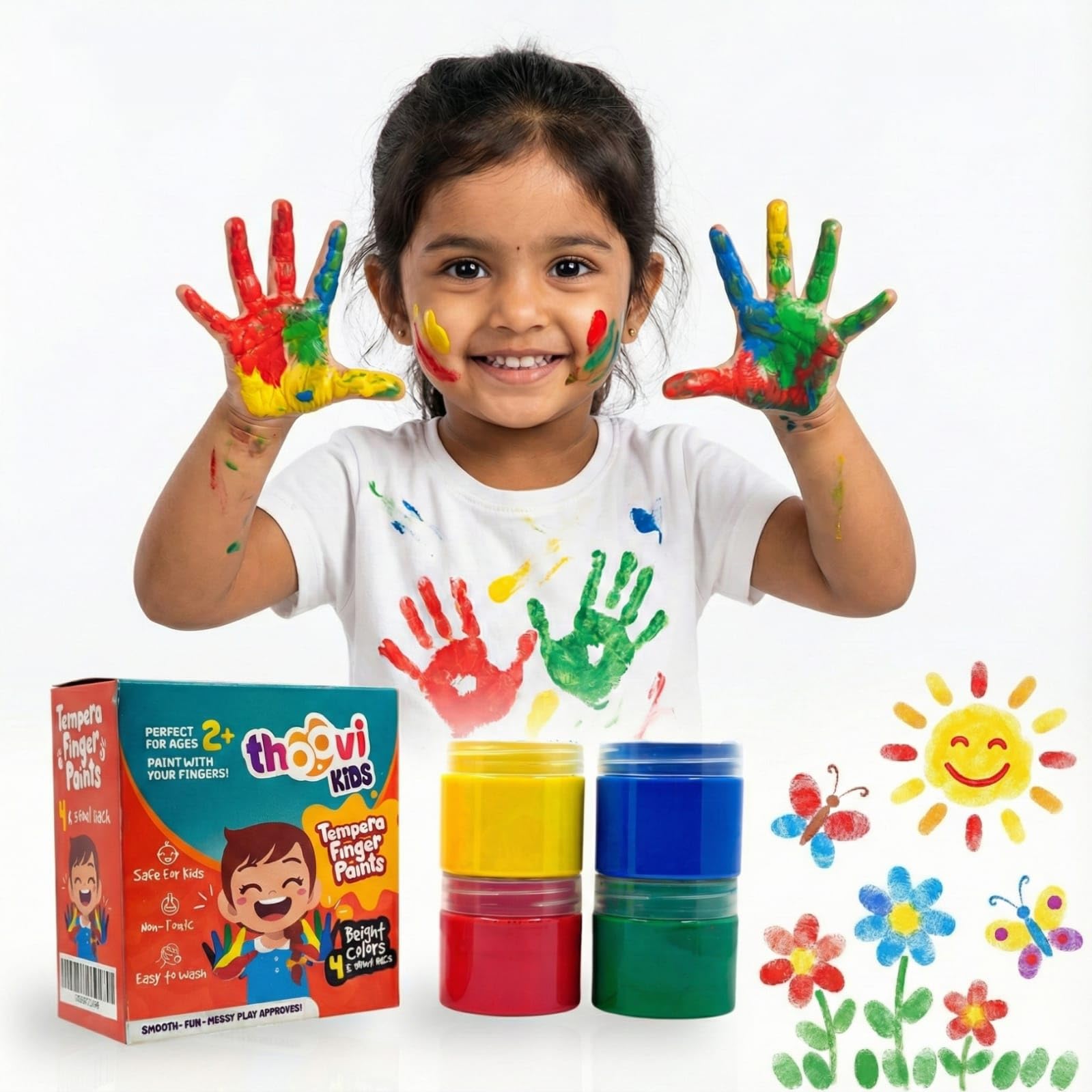 Washable Finger Paints for Toddlers, Safe Non-Toxic Tempera Paints, 4 x 50ml Vibrant Colors, Baby Safe Paint for Hand and Feet, Mess Free Art Supplies for Kids, Preschool Learning Gifts, Ages 2+-image-3