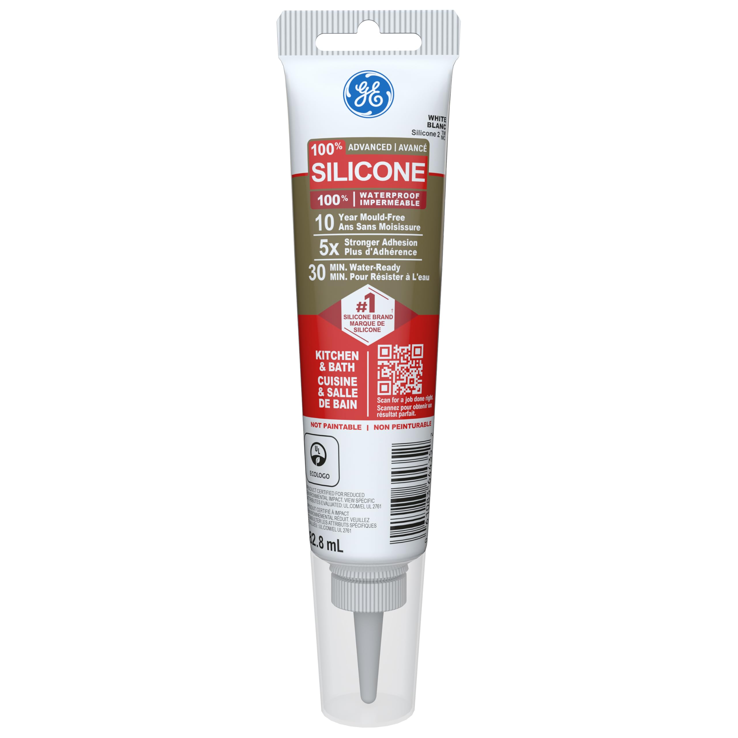 GE Advanced Silicone Kitchen & Bath Sealant, White, 82.8 ml Tube, Pack of 1