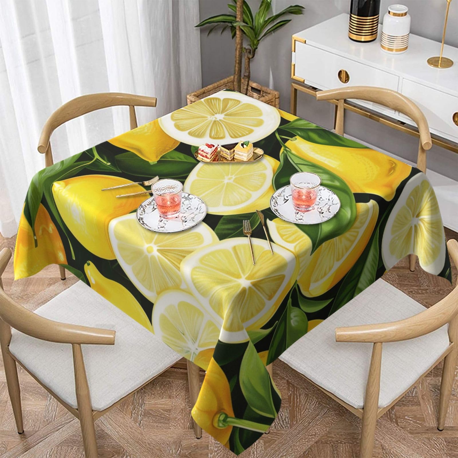 WPKJU Fresh Tropical Lemons Printed Square Tablecloth 60x60 inch Water Resistant Table Cover Washable Rectangle Table Cloth for Dining Tables