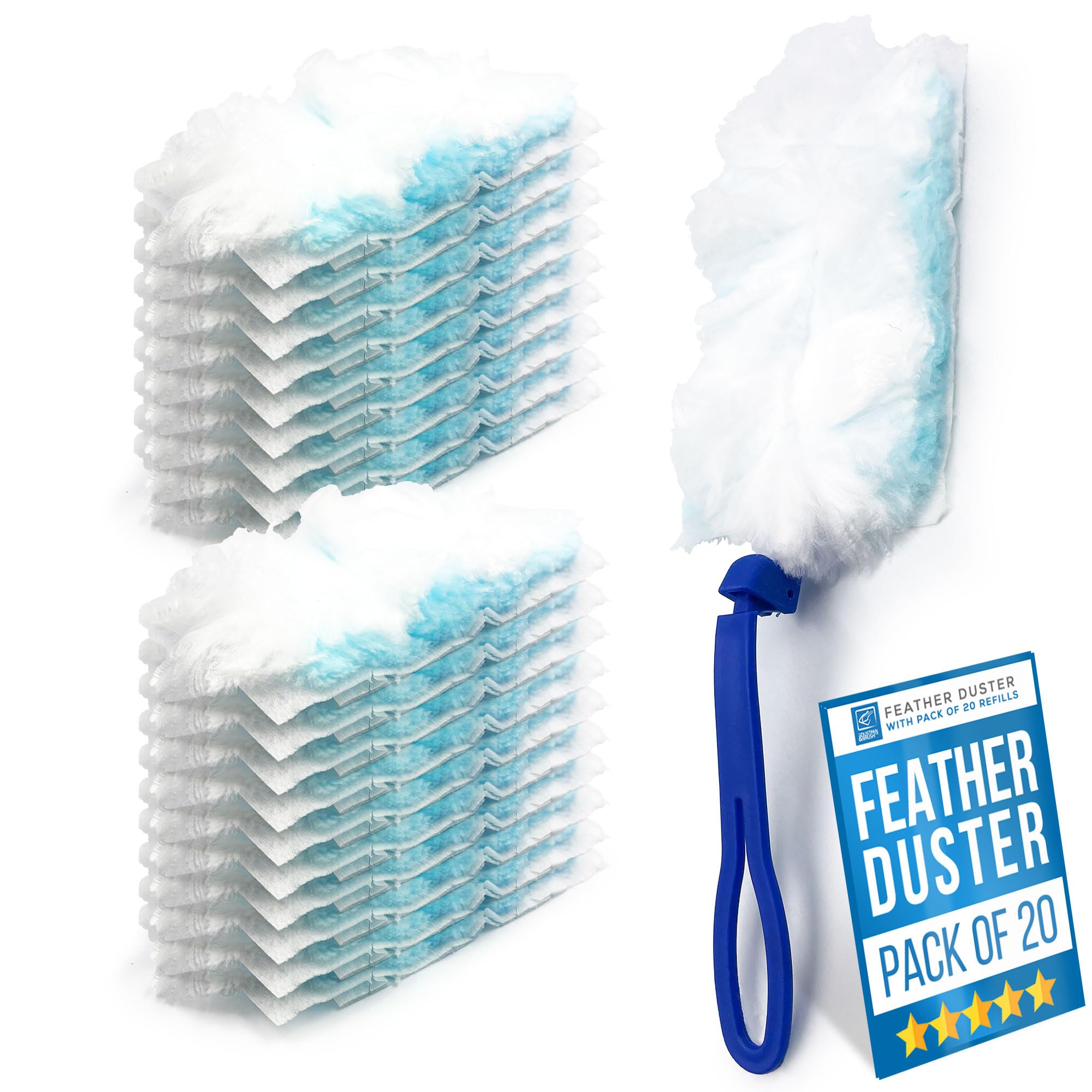 Tdbs The Dustpan And Brush Store Pack Of 20 Duster Refills + Handle Fluffy Duster Refills, Cobweb Duster, 1 Handle + 20 Refills, Dusters For Cleaning - Blind Duster For Effectively Entrap Dust, Dirt, And Hair With Ease