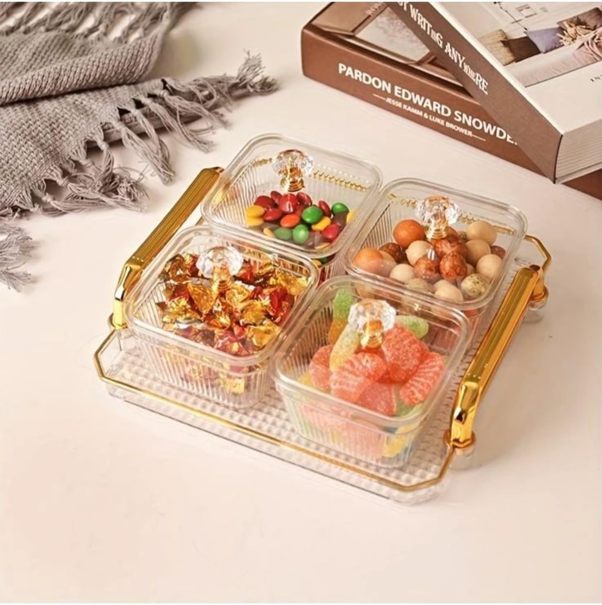 LASALE 4 Compartment Candy Organizer With Lid Snacks Dry Fruit Tray With Lid Divided Serving Platter Multi Function Storage Box Serving Dish Desk Organizer Tray