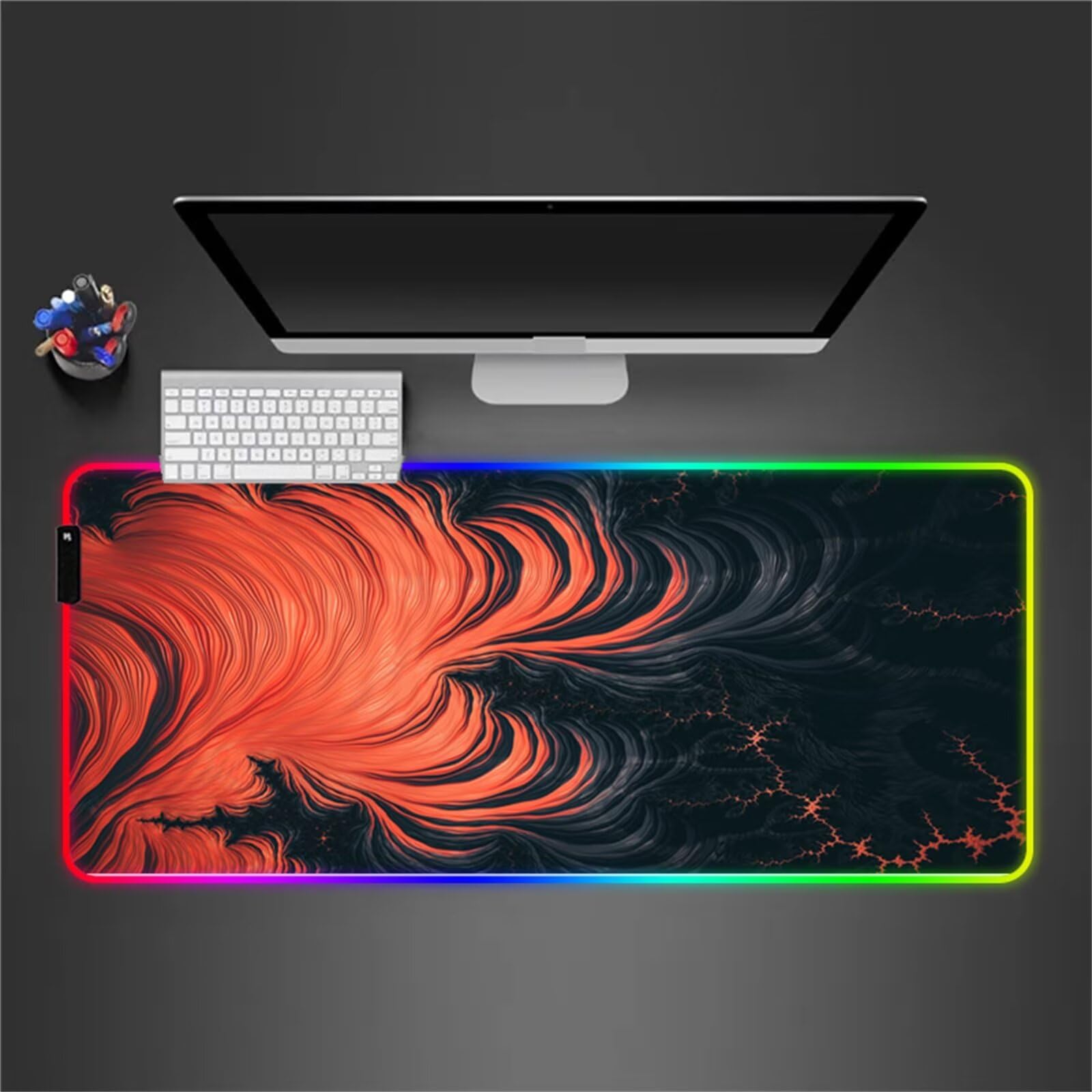 Alfombrilla de Ratón RGB 900x400x4mm XXL Grande Alfombrilla de ratón para Juegos LED 14 Efectos de Iluminación Alfombrilla Ratón Gaming para Gamers PC y Portátil, Naranja Negro