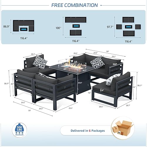 Miniatura 280 de NICESOUL 7 Piece White Powder-Coated Aluminum Patio Furniture with Fire Pit Table, 29 Inch Extra Wide Outdoor Sectional Sofa for 6, High-End Heavy