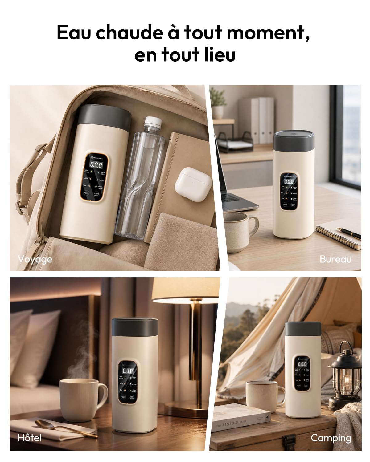 Maestri House Petite bouilloire de voyage 6 en 1, 550 ml, beige, chauffage rapide, doublure intérieure en acier inoxydable 304, pour thé, café et lait de bébé, utilisation filaire
