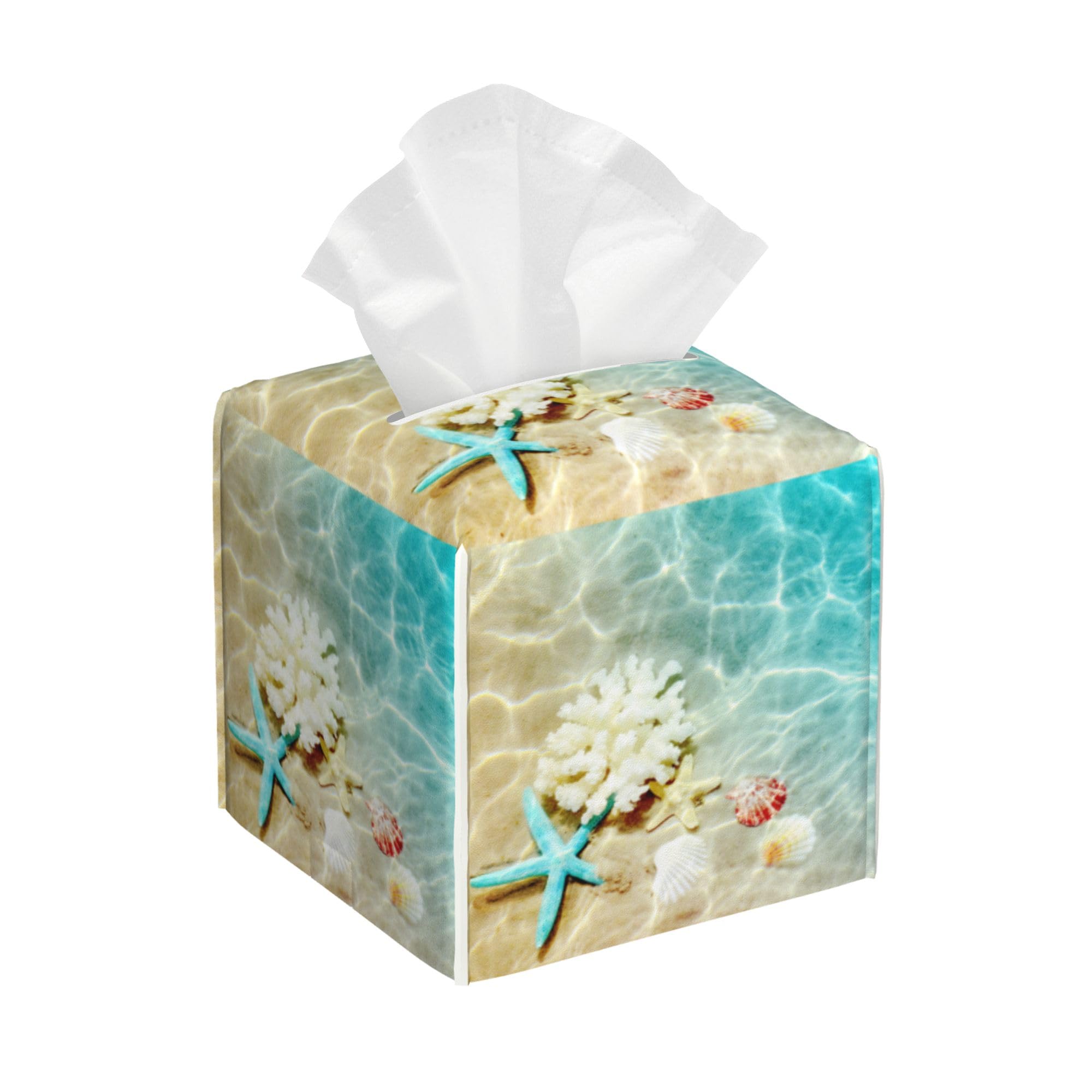 Summer Beach Leather Tissue Box Holder Starfish and Seashell Tissue Box Cover Facial Paper Case Organizer Cube Napkin Dispenser for Bathroom Vanity Countertop Night Stand Office Car