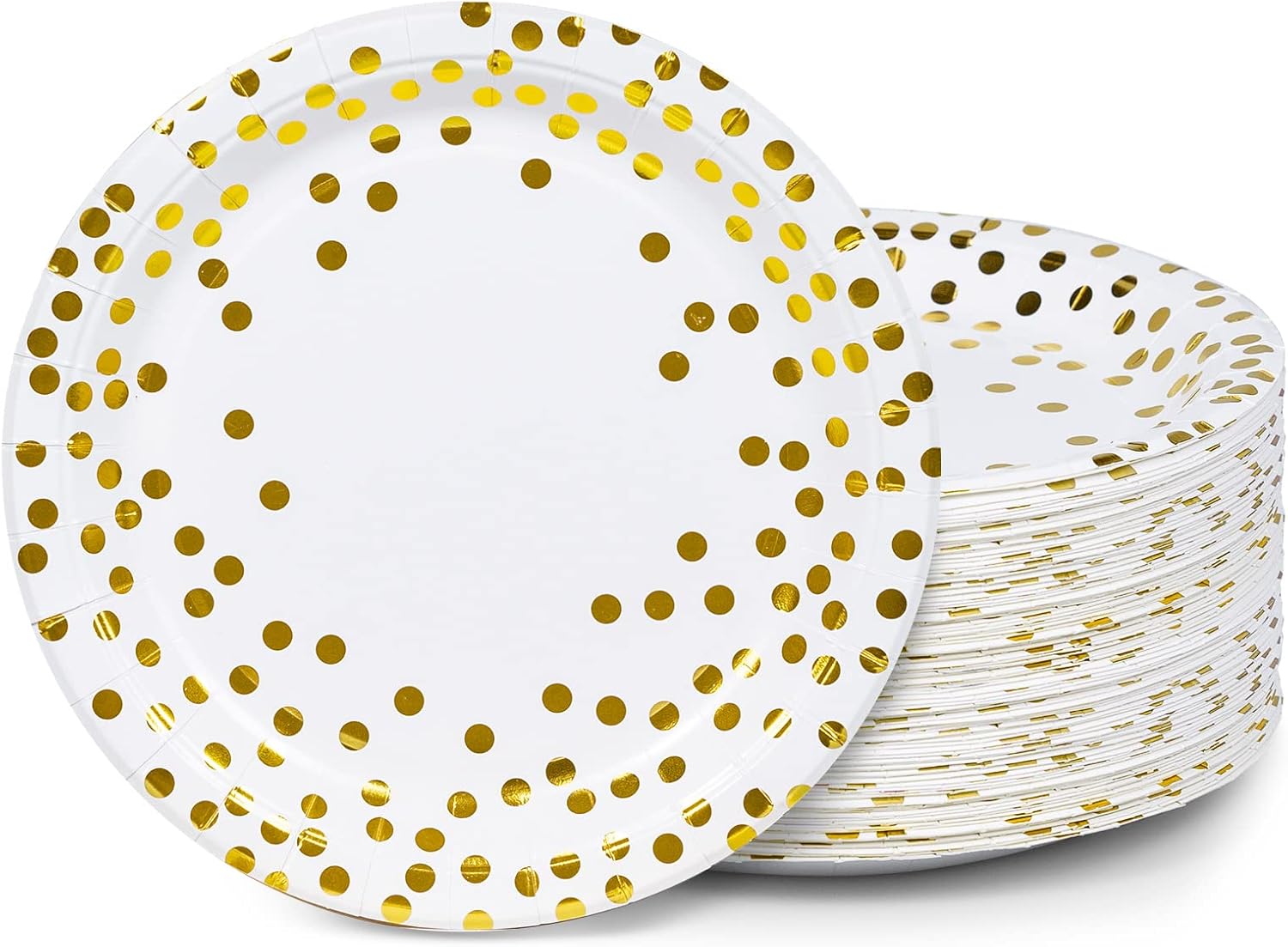MATICAN Party Paper Plates, 100-Pack Disposable White and Gold Plates, Foil Polka Dots, 9-Inch