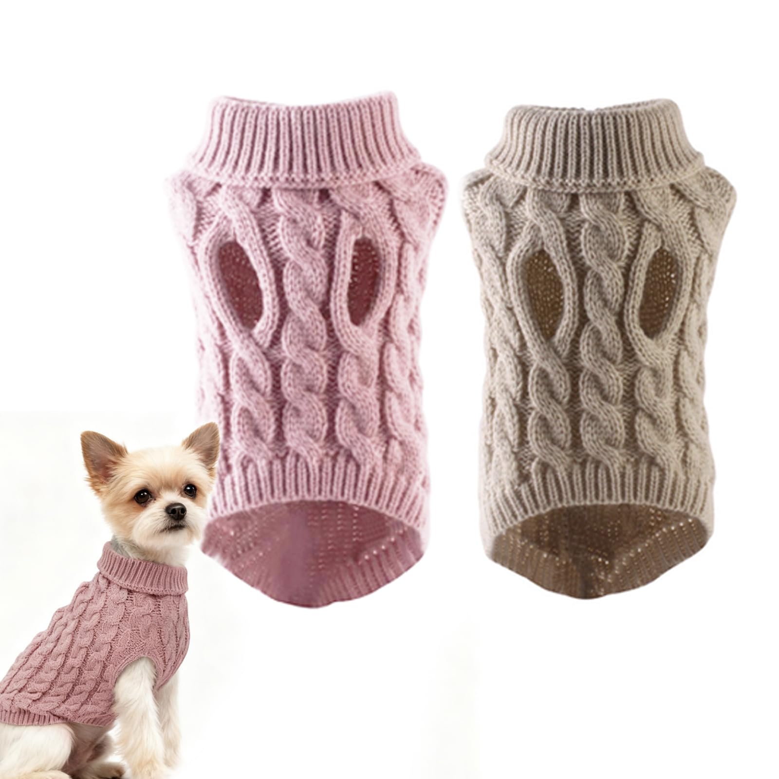 Wnzdp 2PCS Small Dog Jumper, Knitted Dog Jumpers Medium Size, Warm Knitted Sweaters Pet Jumpers Small, Soft Cute Cat Clothes for Winter Outdoor Walks and Indoor Lounging (Pink Khaki)