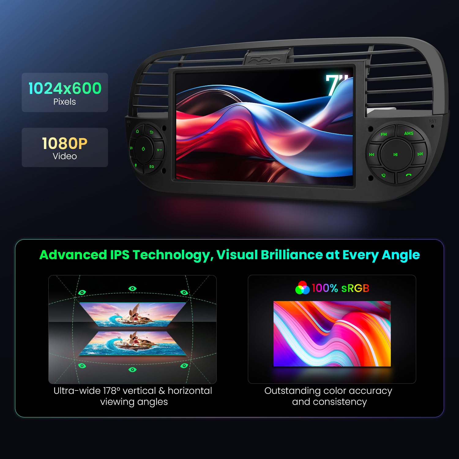 XTRONS 7" Android Fiat 500 Stereo Radio Player, 2+64GB HD Touch Screen Head Unit for Fiat 500 (2007-2015) Black w EQ DSP Dual Band WiFi Wireless CarAutoPlay GPS Bluetooth Cooling System, Optional DAB+ — view 6