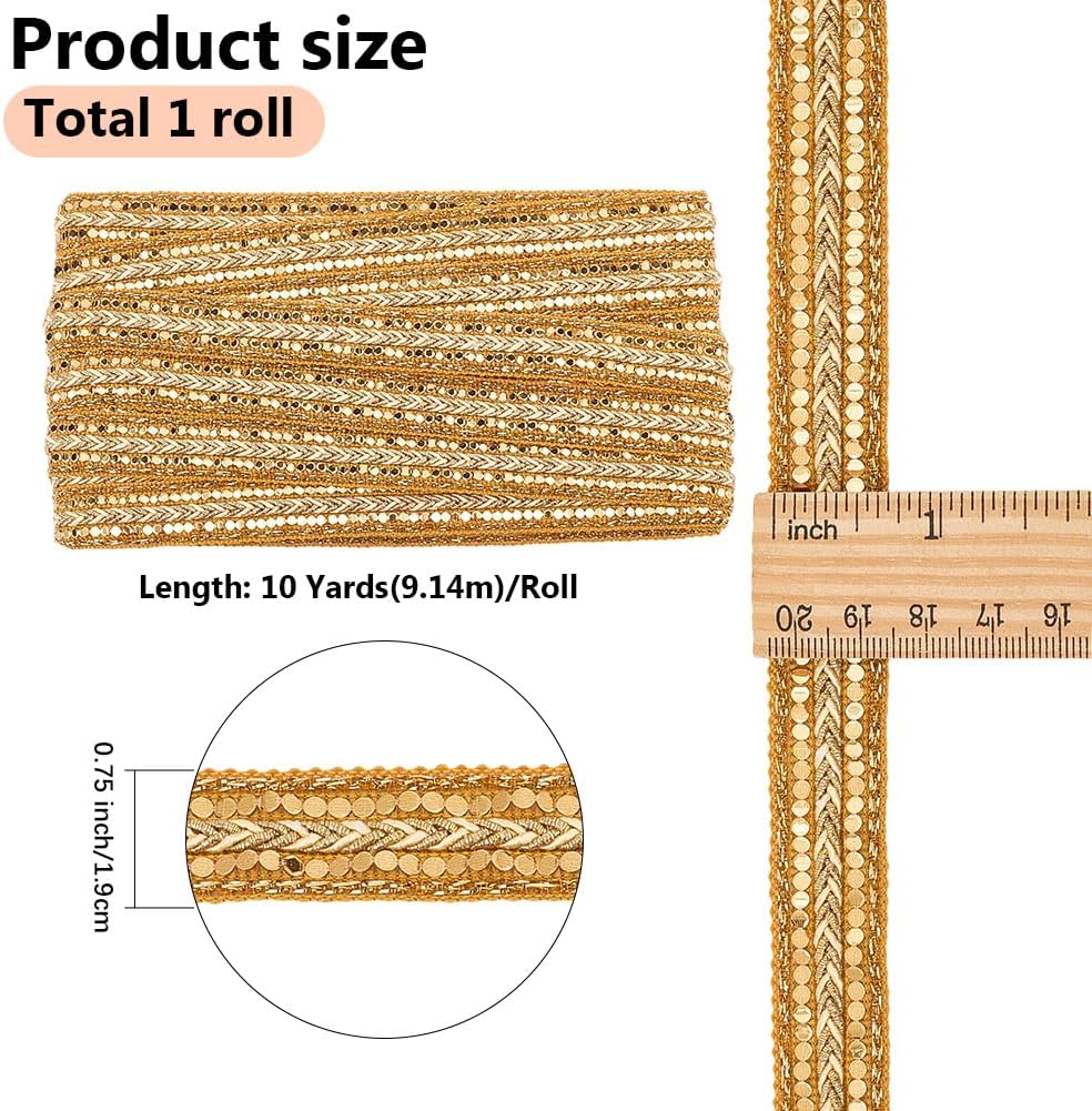 GORGECRAFT 3/4 Inch Wide Sequin Lace Trim 10 Yards Gimp Braid Lace Ribbon Glitter Beaded Fabric Metallic Dark Goldenrod Trim with Plastic Paillette Beads for Sewing Christmas Crafts Costume Ornament