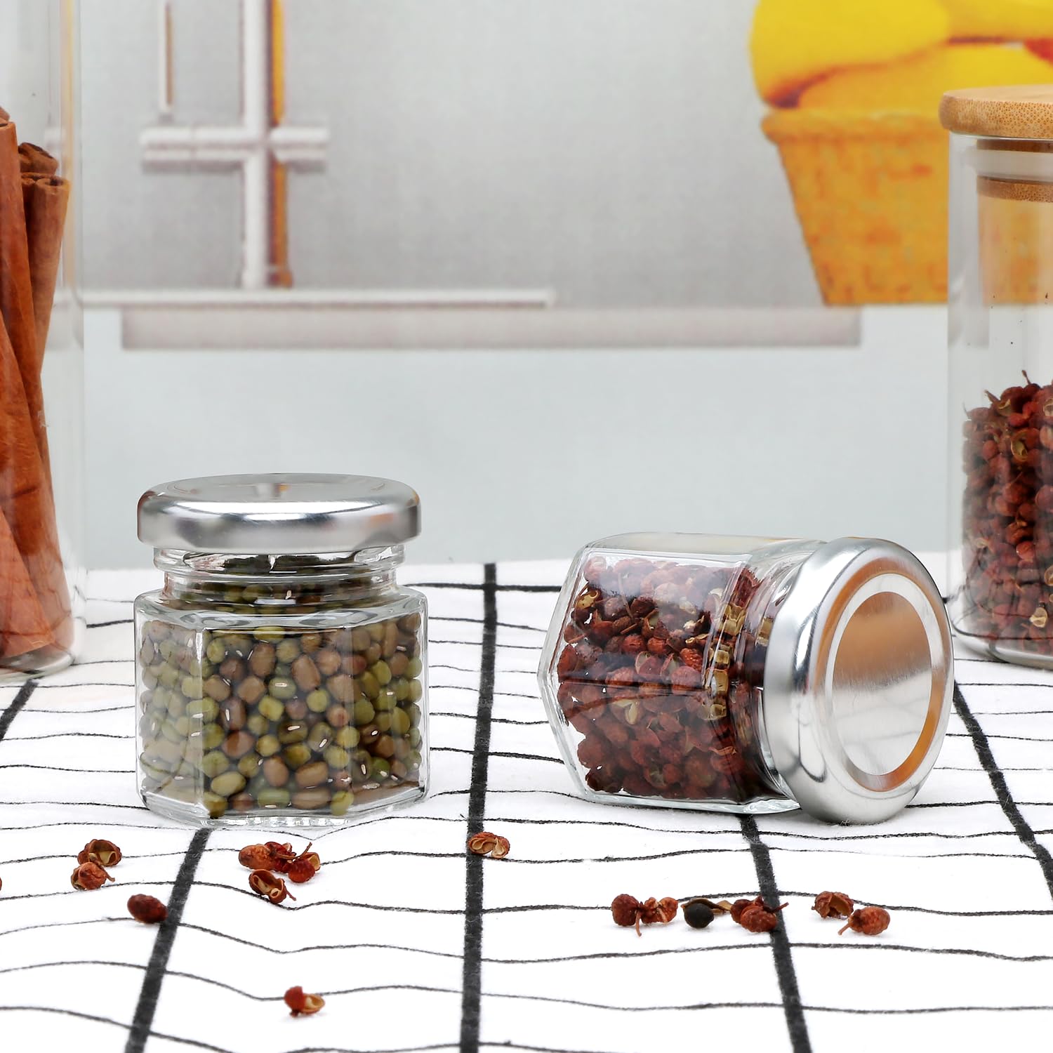 Piccoli barattoli di vetro, 42,5 g, mini barattoli per miele con coperchi argentati, spago di iuta e etichetta, barattoli di vetro per yogert, barattolo per candele, miele, coperchi ermetici,