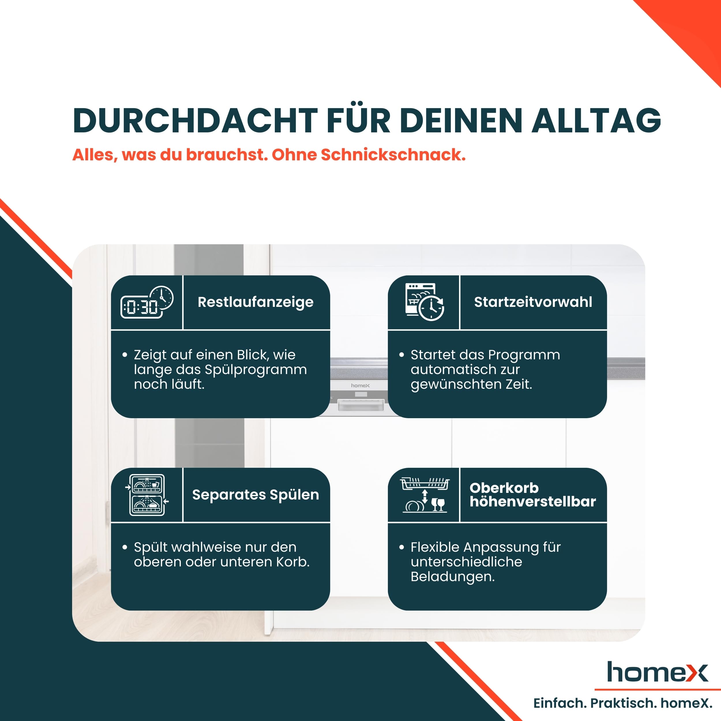 homeX Geschirrspüler 60 cm teilintegrierbar 14 Maßgedecke 7 Programme AquaStop 44 dB DWSI601444C