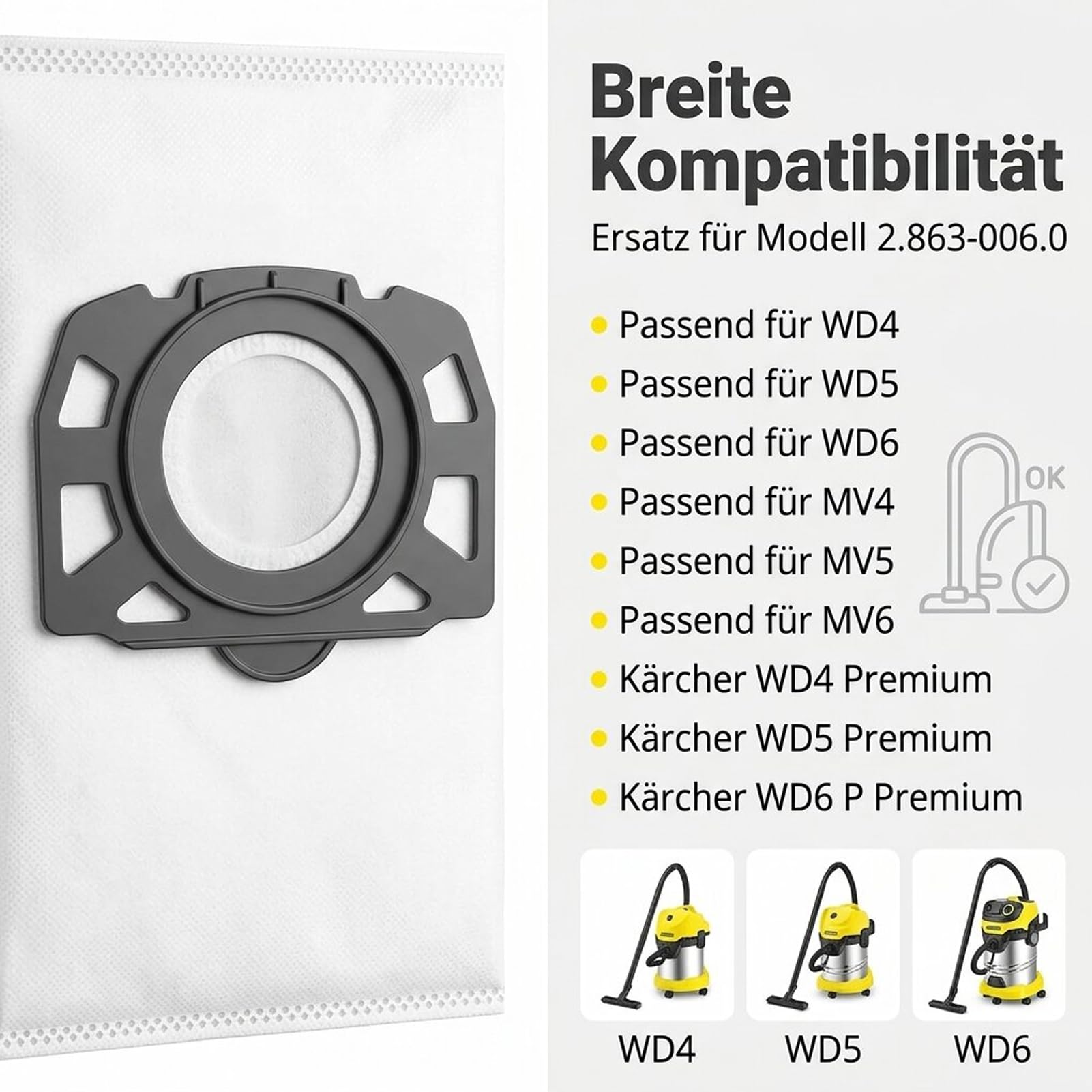 12 Stück KFI 487 Staubsaugerbeutel für Kärcher WD4 WD5 WD6 WD5 P WD6 P MV4 MV5 MV6, Sachets Filters (MV4 12 Stück)