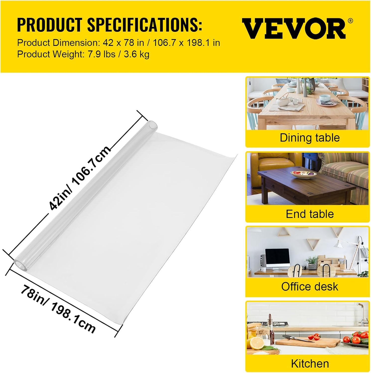 VEVOR Clear Desk Cover Protector, 42 x 78 inch, 1.5 mm Thick Rectangle Waterproof Plastic Clear Pad Mat, Scratch Proof and Easy Cleaning for Office, Dresser, Night Stand