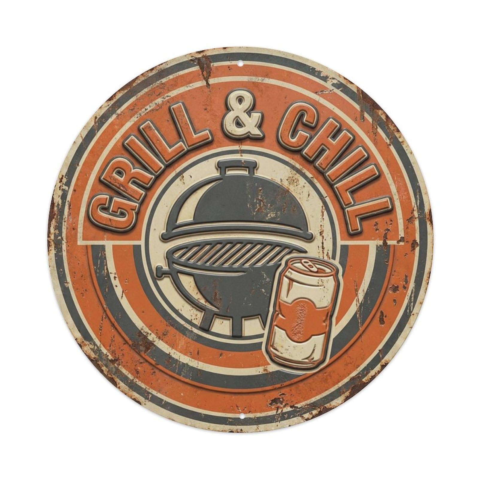 Grill Chill Nostalgic Hanging Ornament Retro Slogans Vintage Metal Tin Sign Plaque Wall Decor for Cafe, Club, Garden Round Metal Poster 8x8Inch