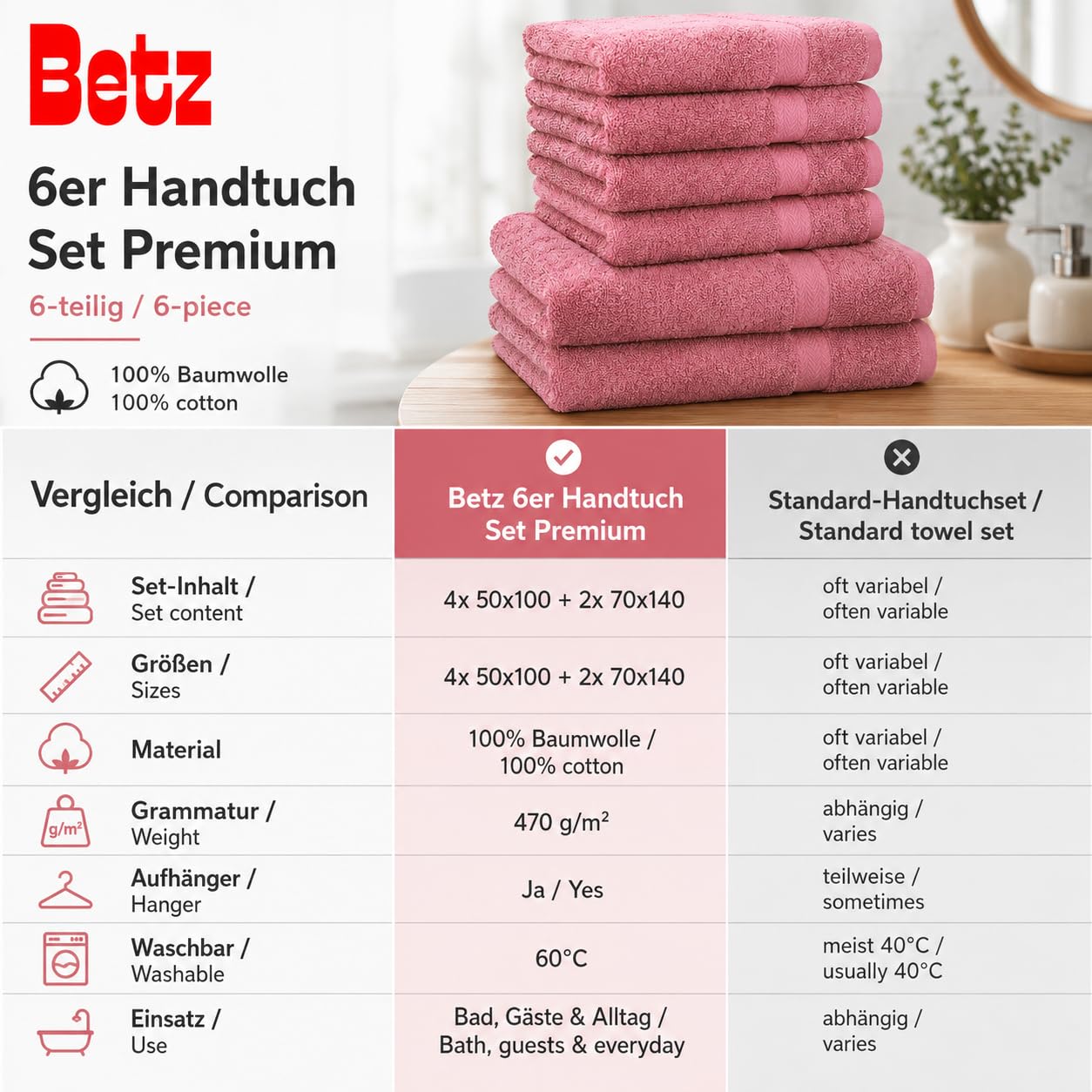 Betz Zestaw ręczników PREMIUM - 6-częściowy zestaw ręczników - 2 x ręczniki prysznicowe - 4 x ręczniki do rąk - 50 x 100 cm - stara róża