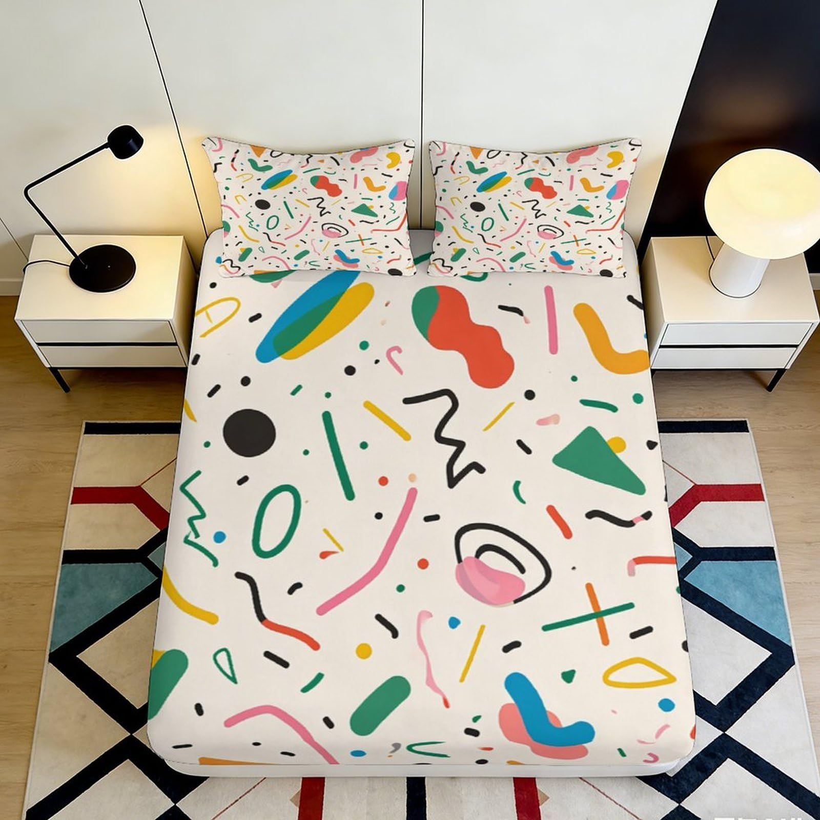 3D Printed Abstract Geometry Fitted Sheet Microfiber Colourful Lines Mattress Cover for Bedroom Dorm Decor 90x200x25cm
