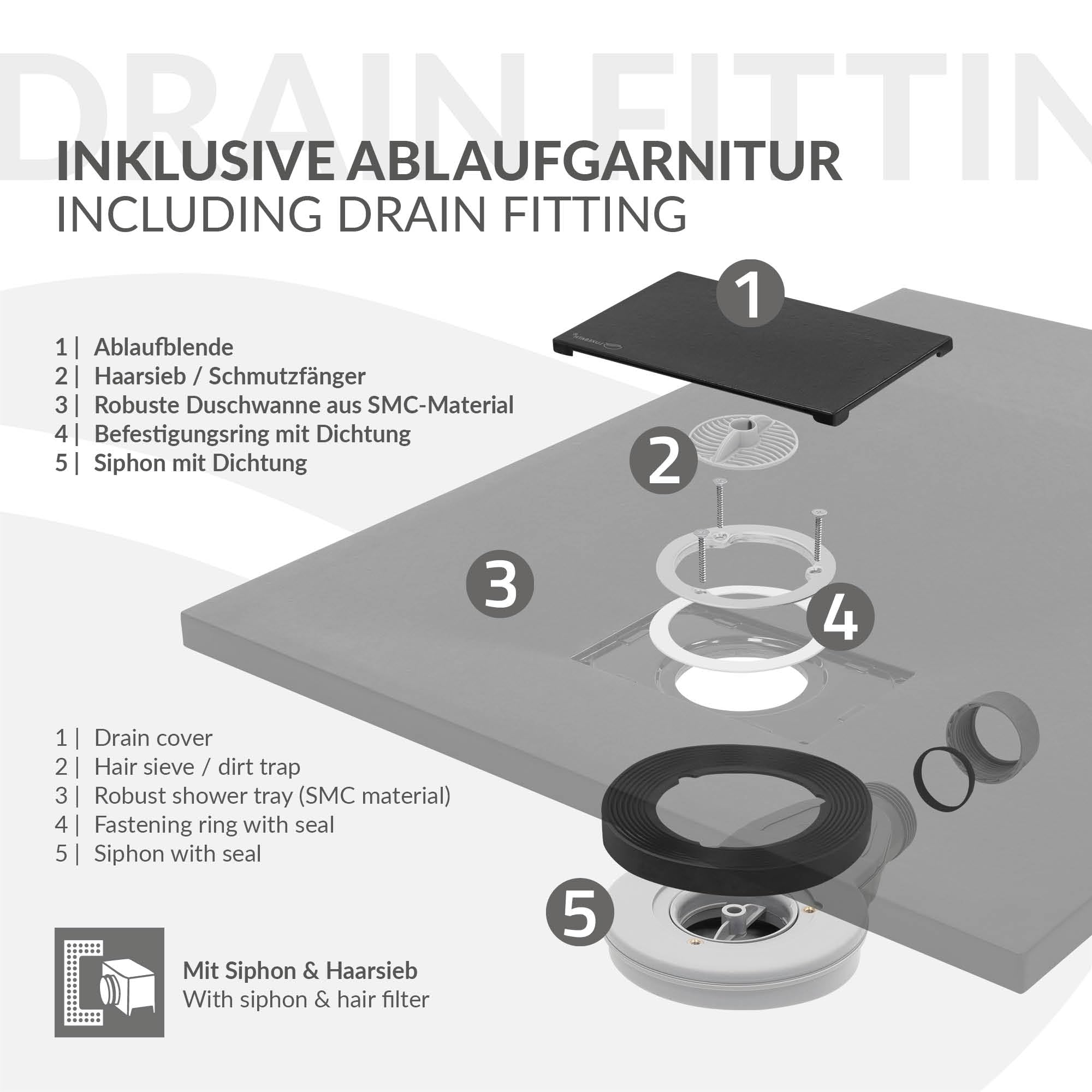 LuxeBath Plato de Ducha 80x80cm Negro, con Juego de Desagüe Base Rectangular con Superficie Antideslizante y Antibacteriano en Aspecto Pizarra Altura 30 mm SMC Extraplano y Robusto, Fácil Instalación
