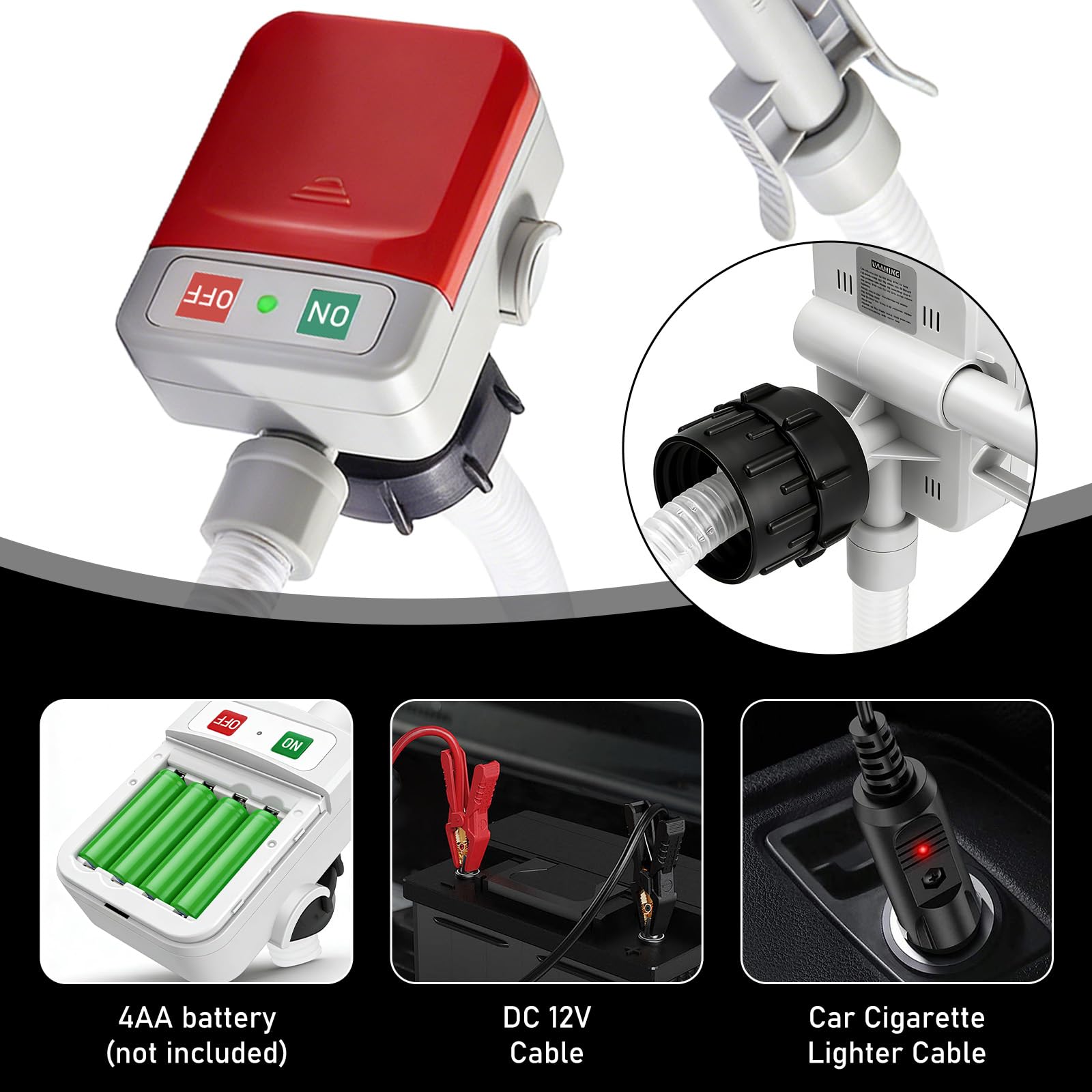 Bomba de combustible con sensor de parada automática, bomba de transferencia de combustible (2,4 GPM) con 3 tamaños de adaptador, bomba de transferencia eléctrica con mangueras y pistola de extracción