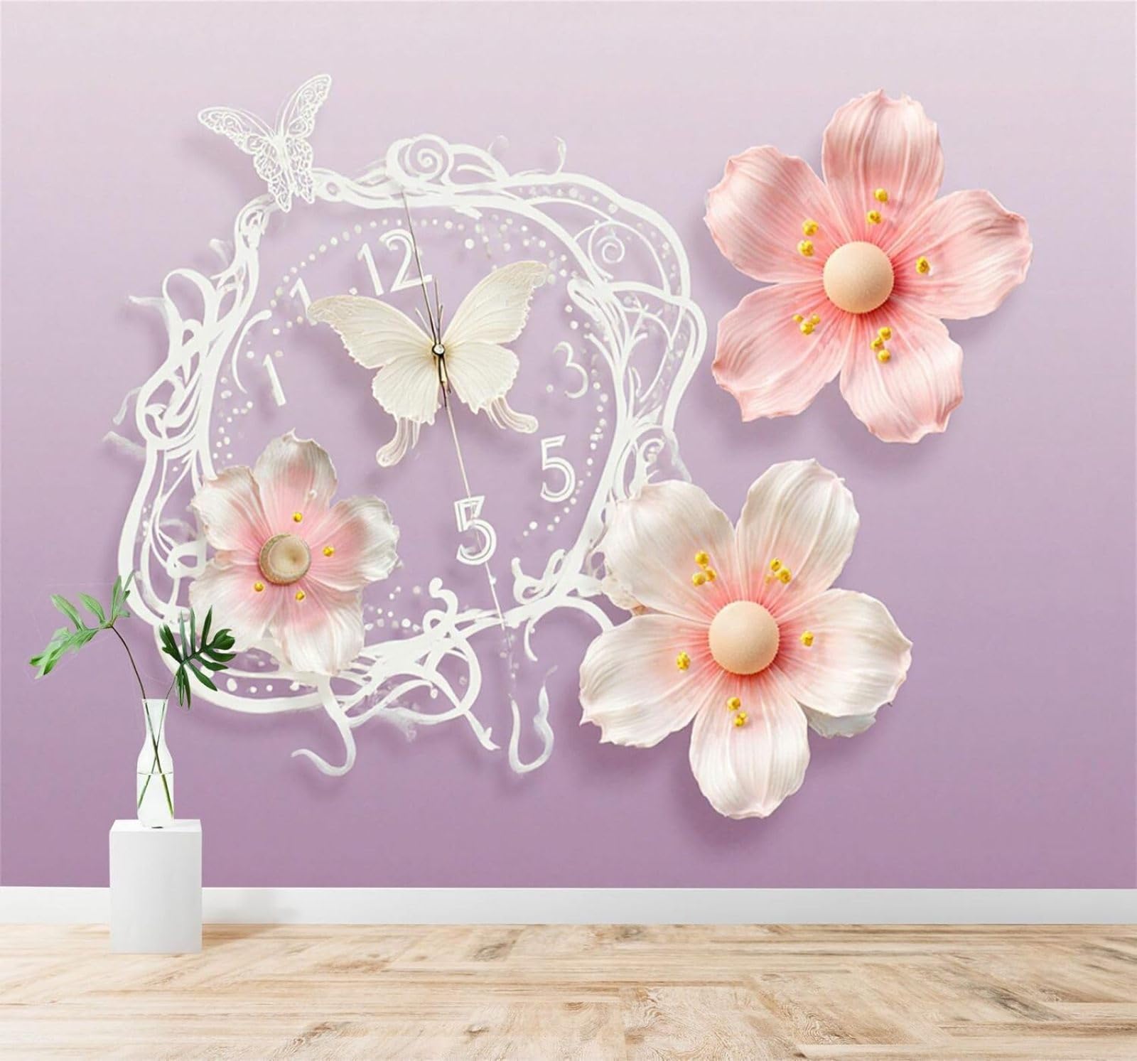 Xlming 300Cm×210Cm(B×H) Beautiful Pink Flowers Elegant Flowers Butterflies Clock 3D Wallpaper Silky Texture Home Study Office Grey Dining Room Sofa Bedroom Living Room Tv Backdrop-300Cm×210Cm