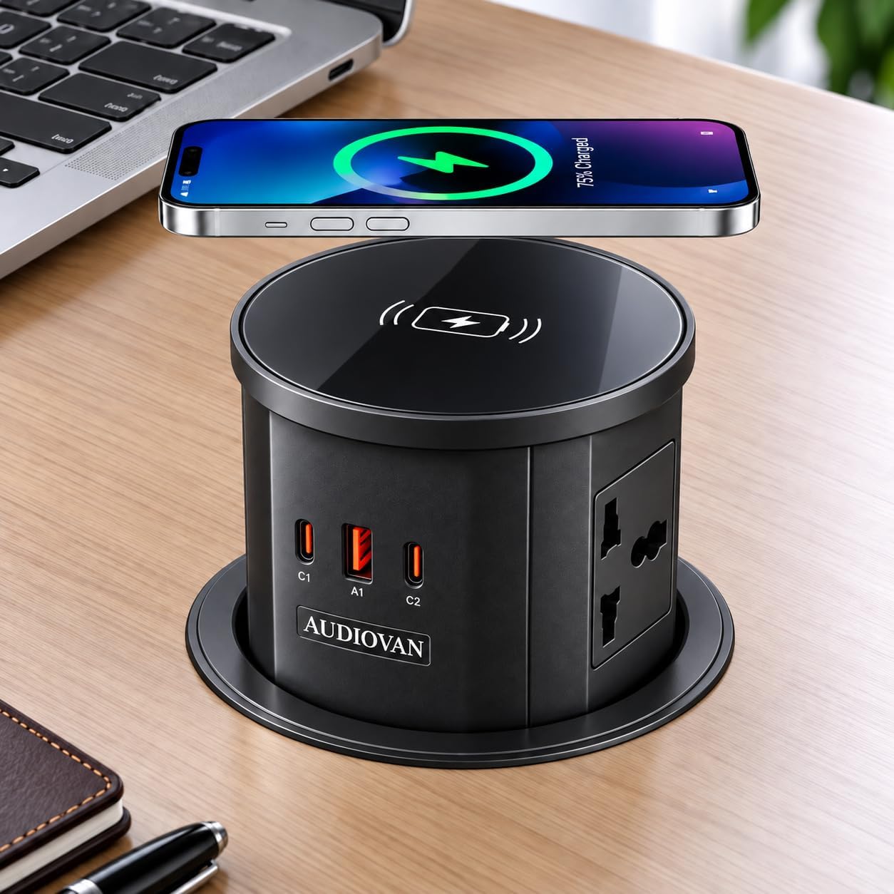 Audiovan Wireless Vertical Pop Up Box Socket 3 POPUP Power Plug Hidden Outlet with 10W Wireless Charger 2 USB Ports (A+C) 1 HdMI Port, 1 LAN for Kitchen Counter Conference Office (AVT-VMP-28)