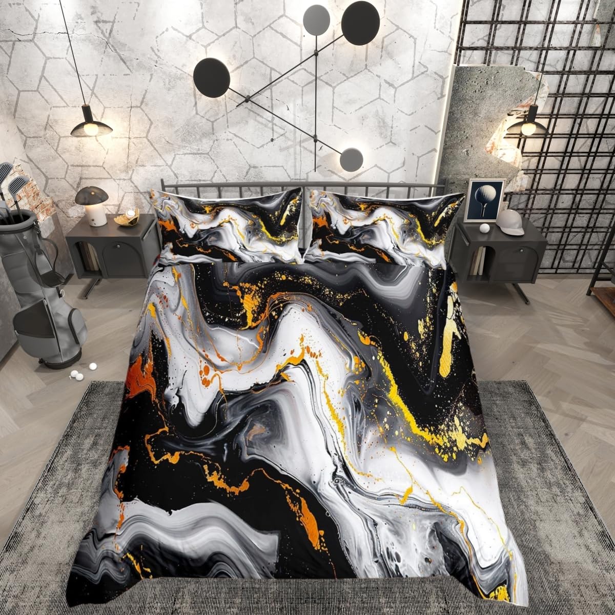 Black White Mixed Golden Lines Duvet Cover King Size,Luxury Abstract Comforter Cover with 2 Pillowcase for Teens,Marble Watercolor Bedding Set,Ink Breathable 3 Pcs Decorative Bed Cover(No Comforter)