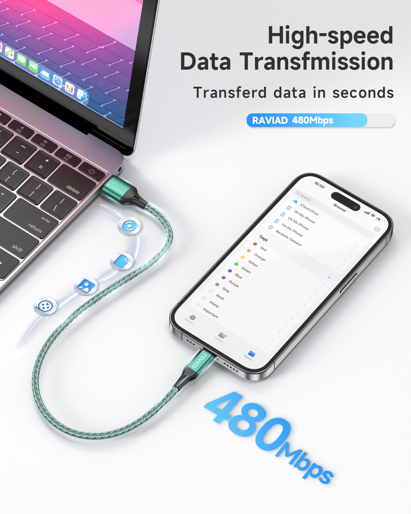 RAVIAD Cavo iPhone 0.5M 3Pezzi [Certificato MFi] Cavo Lightning Carica Rapida Cavo USB Lightning Nylon Caricatore iPhone per iPhone 14 13 12 11 Pro Max XR XS X 8 7 6 6s Plus 5c 5s 5 SE 2020