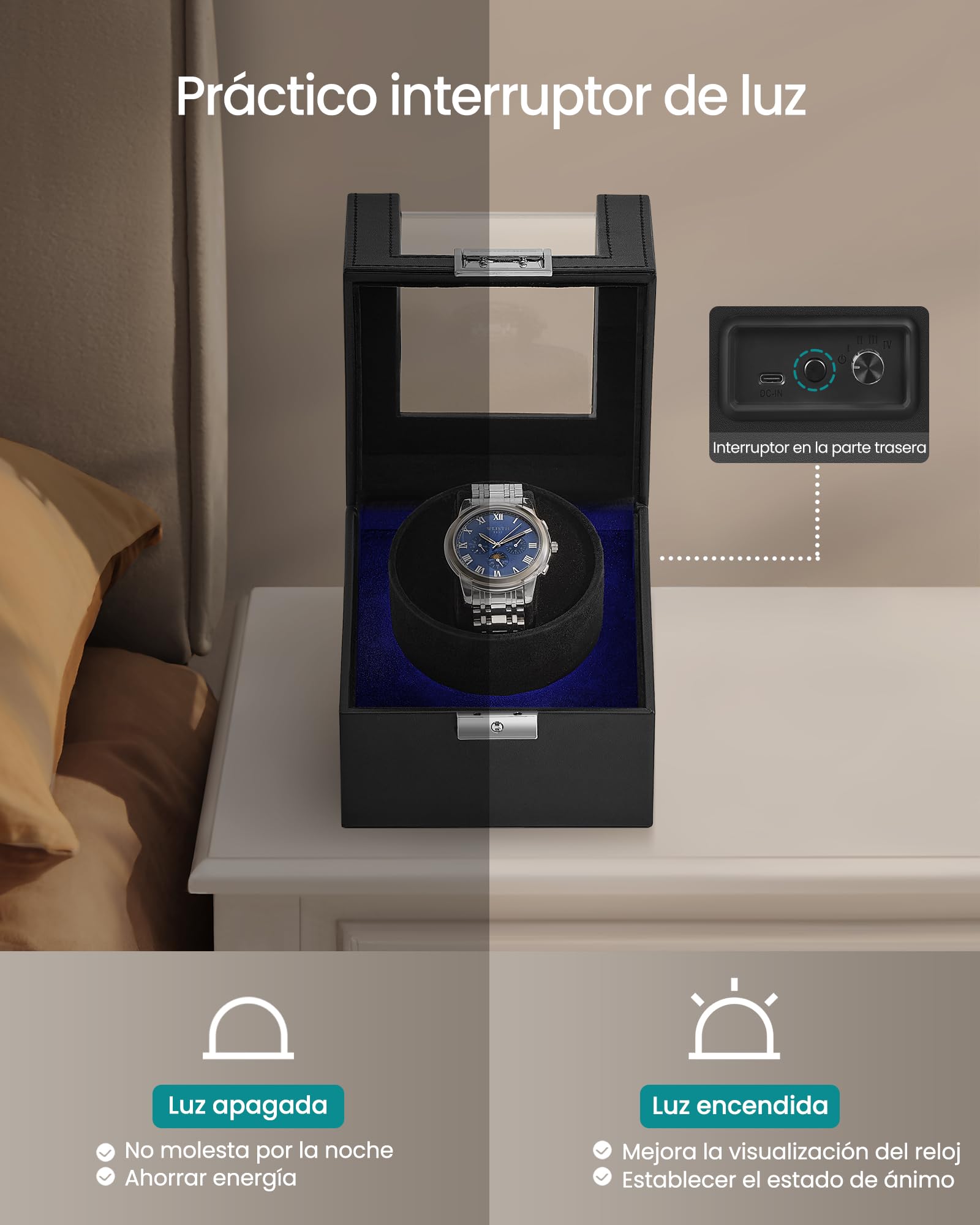 SONGMICS Caja Automática Enrollador de un Reloj con Motor Silencioso, para Relojes Automáticos, con Luz LED, Almohada Ajustable, Bloqueo, 4 Ajustes de Cuerda, Cable de Carga USB-C, Negro JWB030B01