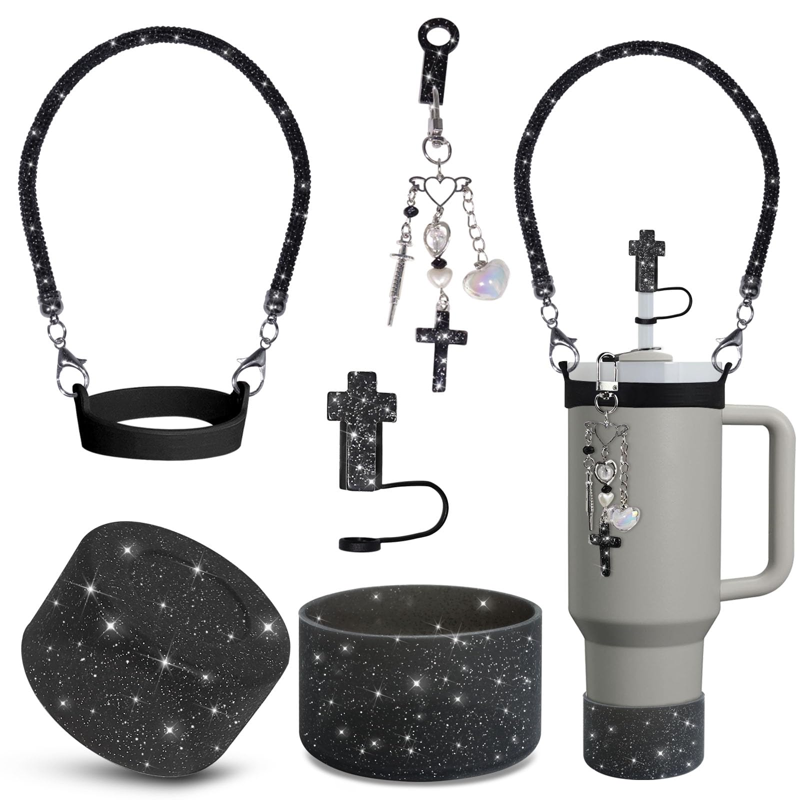 VirgoCCY Stanley Cup Accessories Set - 5PCS For 30 & 40 Oz Tumblers, Includes Straw Cover, Handle Strap, Charms, Silicone Boot (White Cow) - View #7