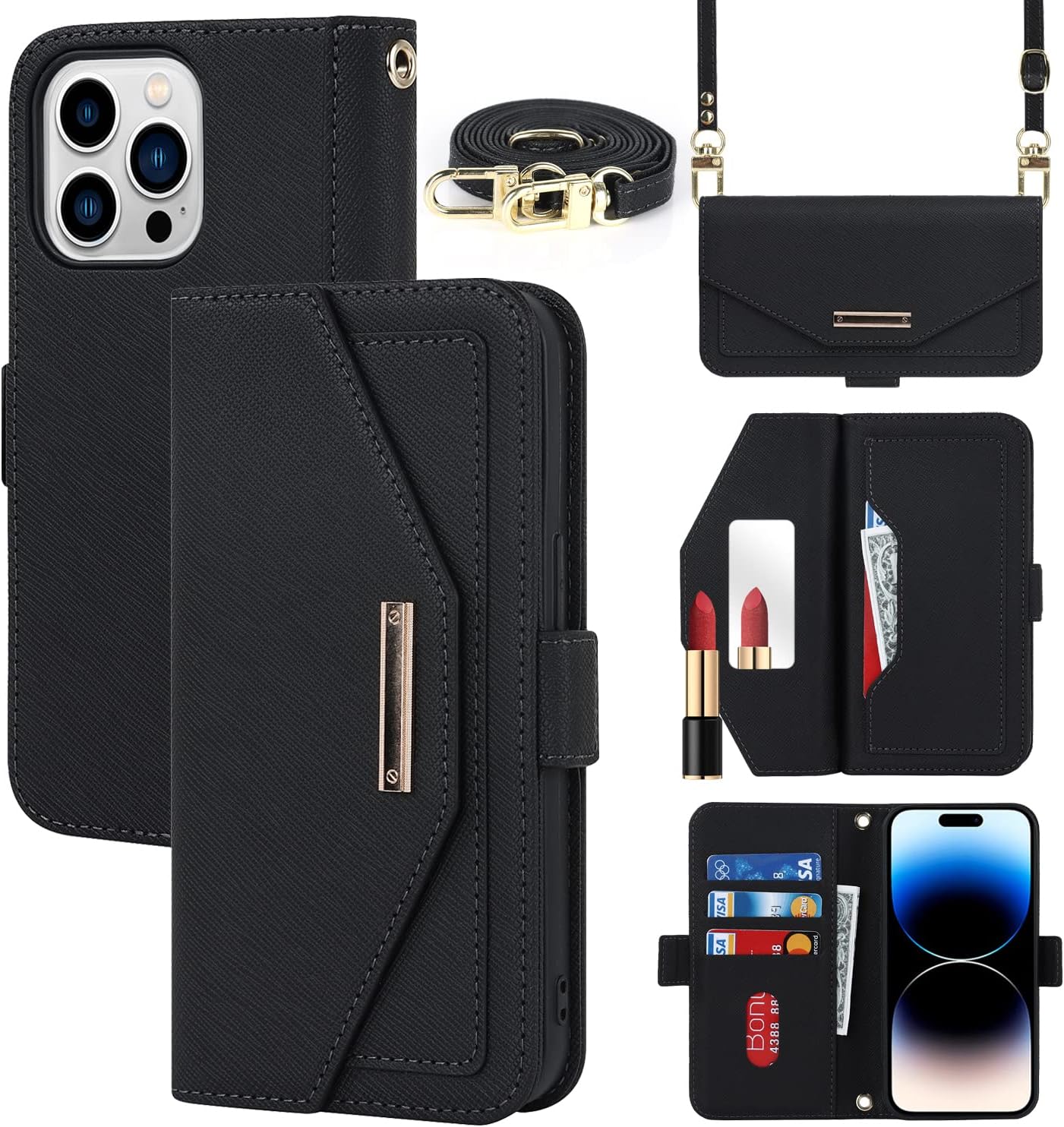 Case compatible with iPhone 14 Pro Phone Case With Strap,Crossbody Flip Leather Wallet Case,[5 Card Holder][Mirror][Magnetic],Lanyard Case Cover for women - Black