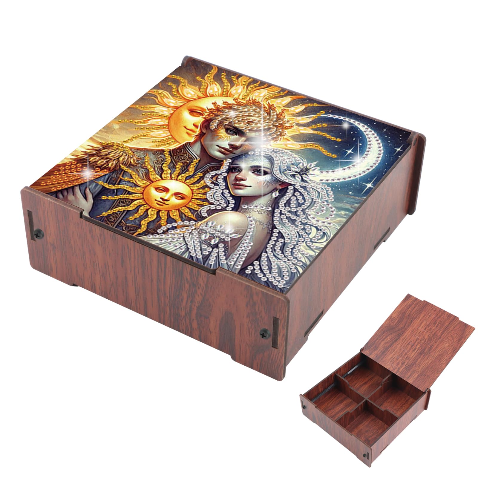 DIY Diamond Art Storage Box, Sun &amp; Moon Deity Design Wooden Diamond Painting Case with Flip-Top Lid and 4 Divided Compartments, Desktop Craft, Jewelry and Accessories Supplies Storage Container