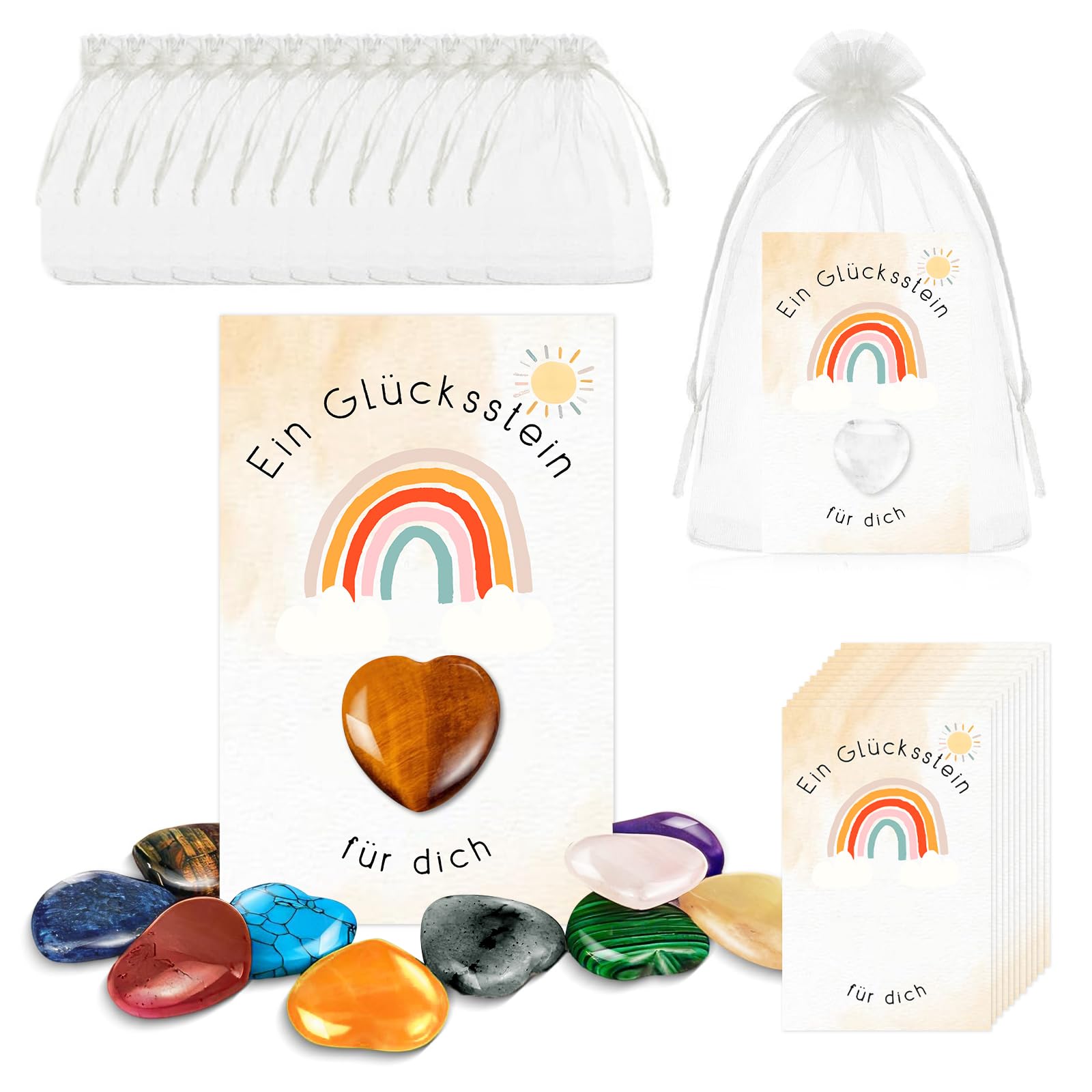 12 Glückssteine Set - Mitgebsel Kindergeburtstag Kleine Geschenke für Kinder mit 12 Herzsteinen & Regenbogenkarten, Mitbringsel für Jungen & Mädchen ab 5 Jahren