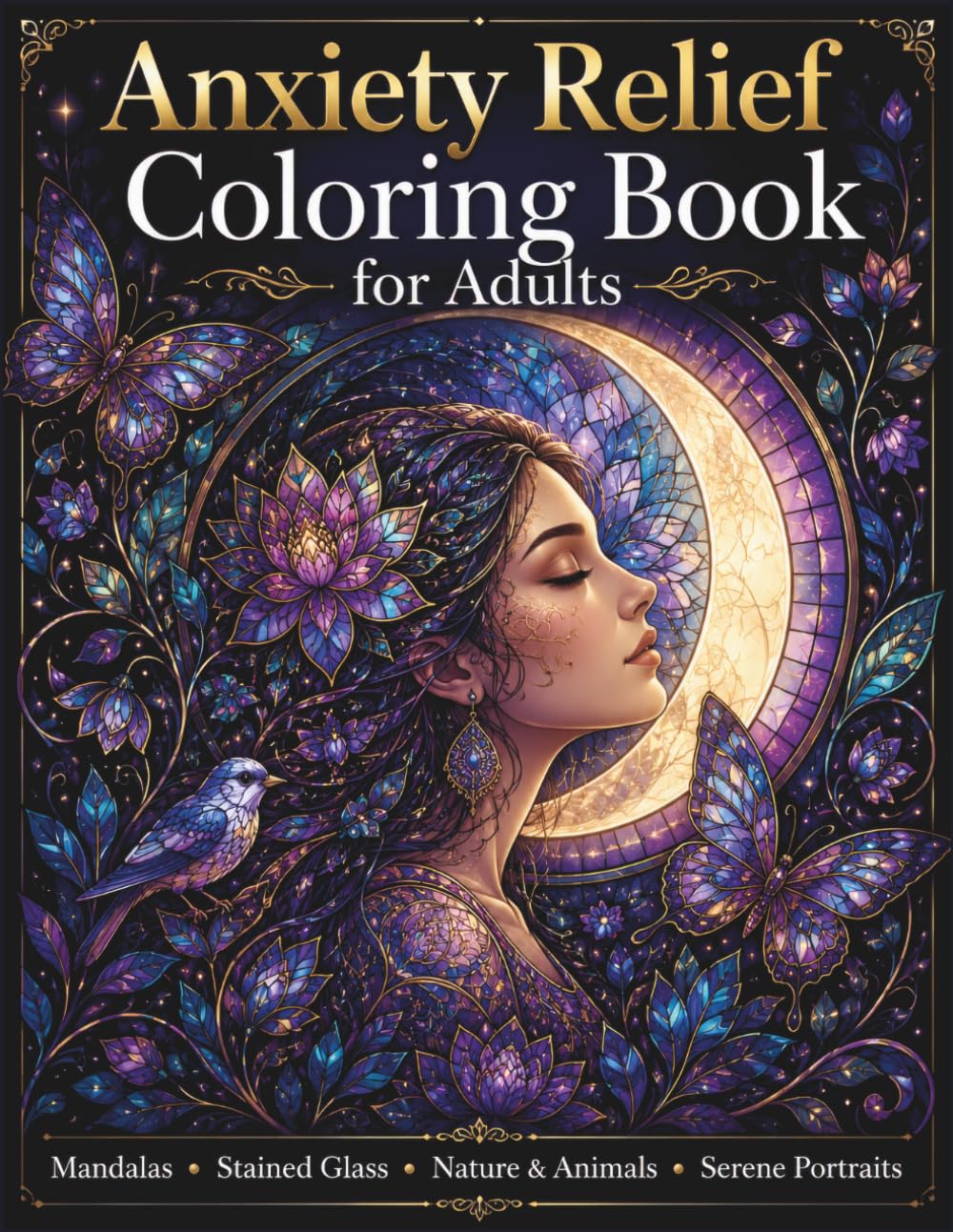 Anxiety Relief Coloring Book for Adults: Mandalas, Stained Glass, Nature & Animals, Serene Portraits: 50 Calming Designs for Mindful Coloring, Relaxation and Focus