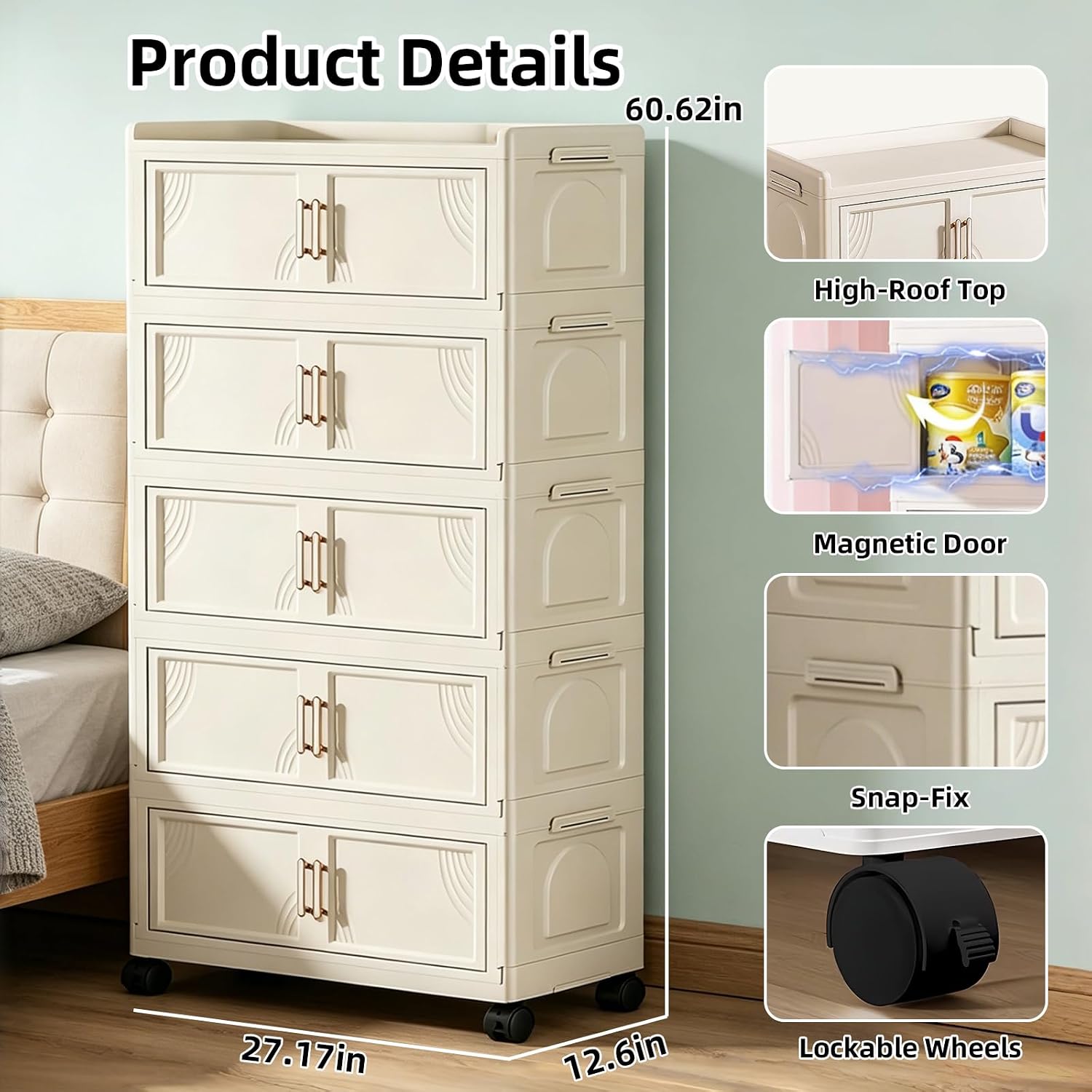 5 Tier Foldable Storage Cabinet with Lids, 313QT Large Premium PP Storage Organizer with Magnetic Doors and Wheels, Heavy Duty White Storage Bins for Home, Office, Kitchen, Dorm