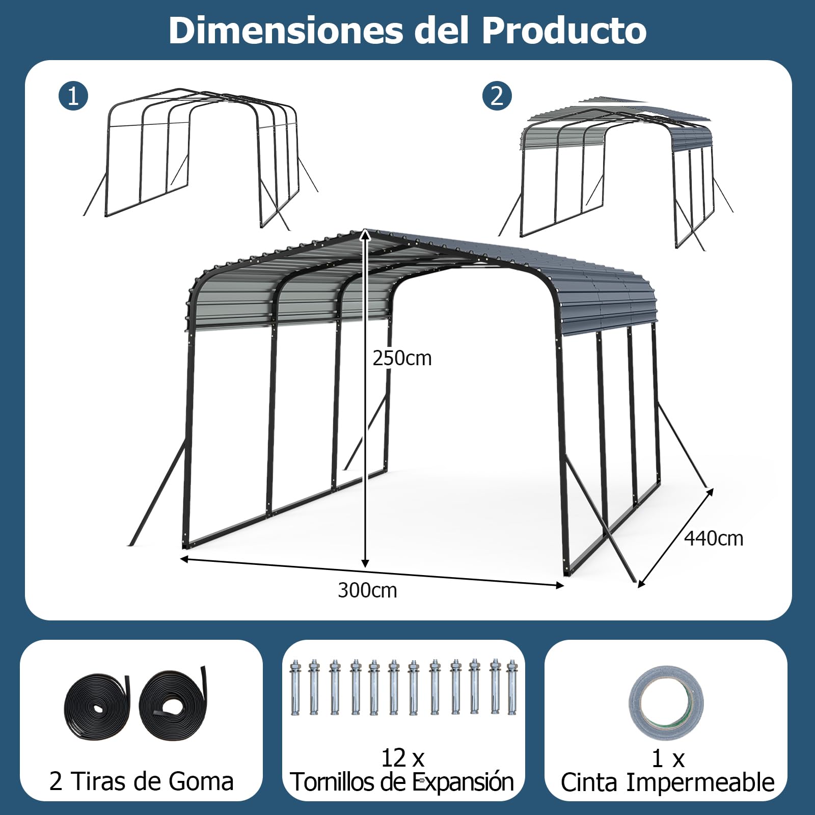 GOPLUS Cobertizo de Coche de Metal, 440 x 300 x 250 cm, Refugio de Vehículo con Techo Duro, 4 Patas Inclinadas y Anclajes de Fijación para Exteriores, Carpa Al Aire lIbre para Camiones, Tractores, Suv
