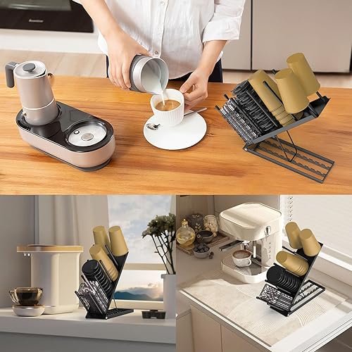 Miniatura 3 de Organizador de metal para tazas de café y tapa, dispensador ajustable de 4 compartimentos