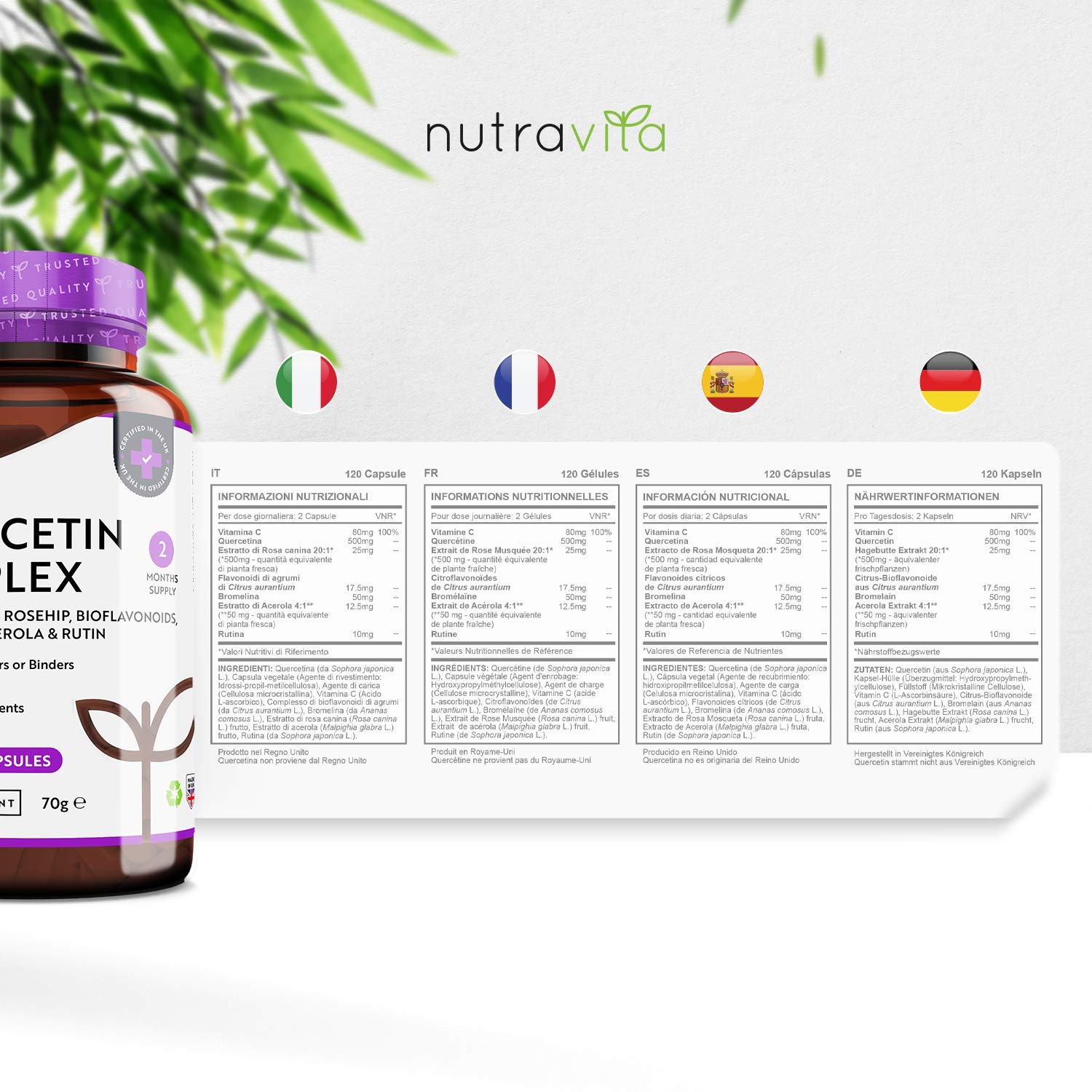 Quercétine 500 mg − 120 gélules vegan - Testé en laboratoire - Mélangées avec Vitamine C 80mg − Naturellement fait à partir d'extrait de fleur de cordage japonais - Dose élevée - Nutravita