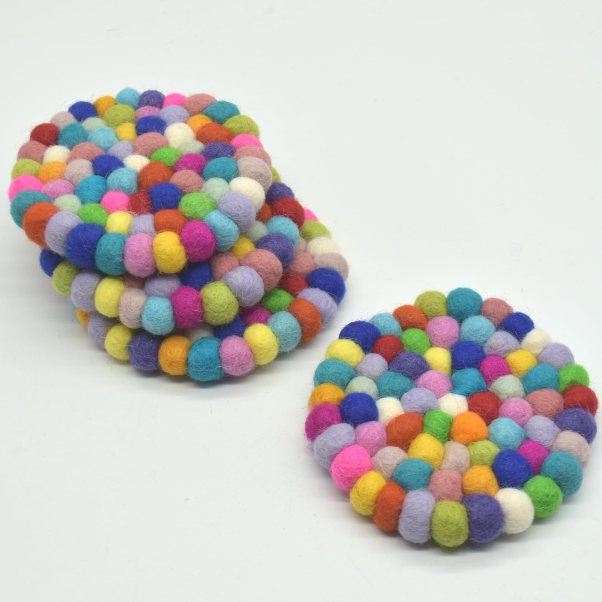 100% Wool Felt Ball Coaster - Handmade - Multi-Colour - 4 Coasters